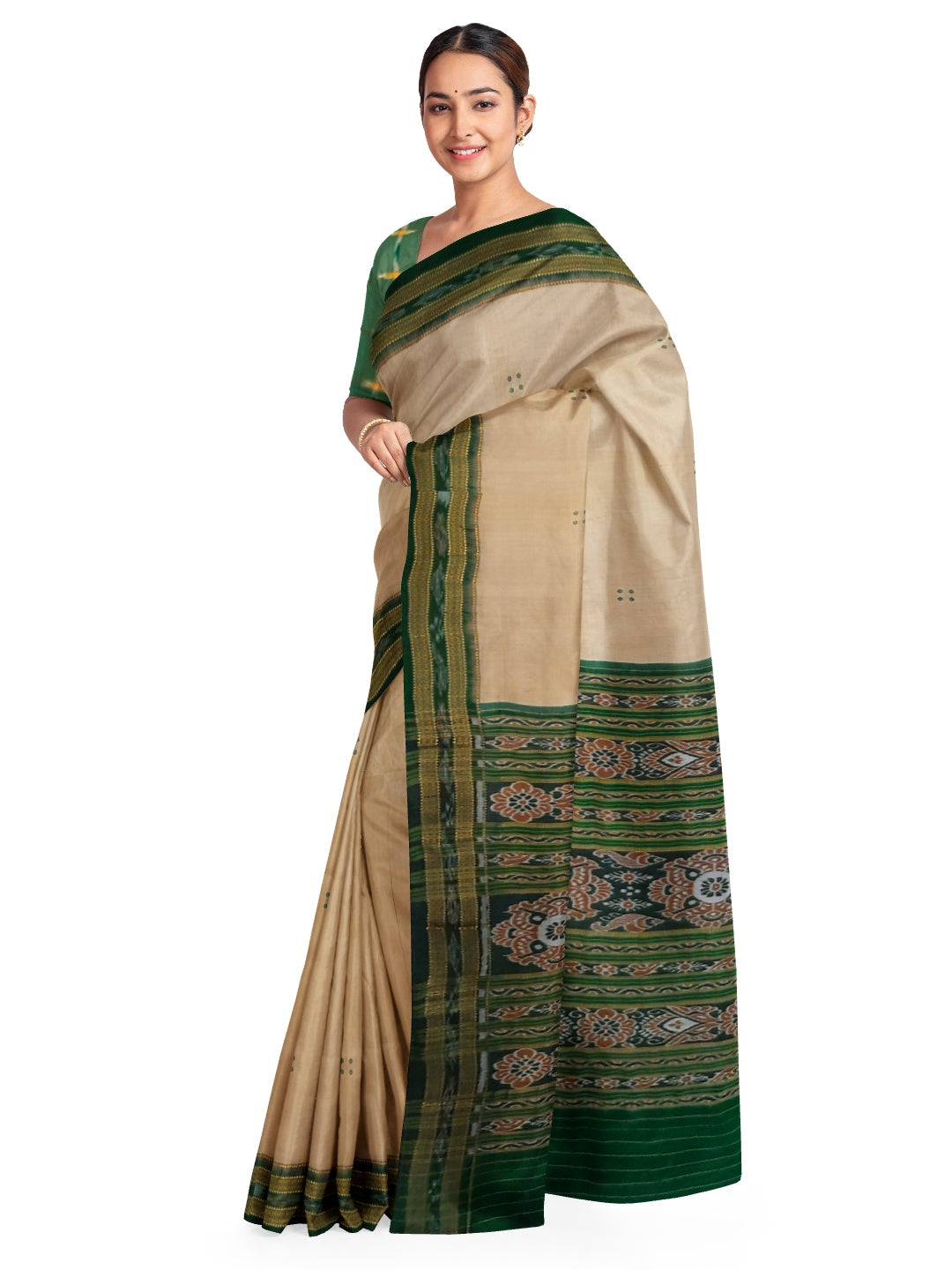 Beige with Green Odisha Khandua Pata Silk Saree with cotton ikat blouse piece