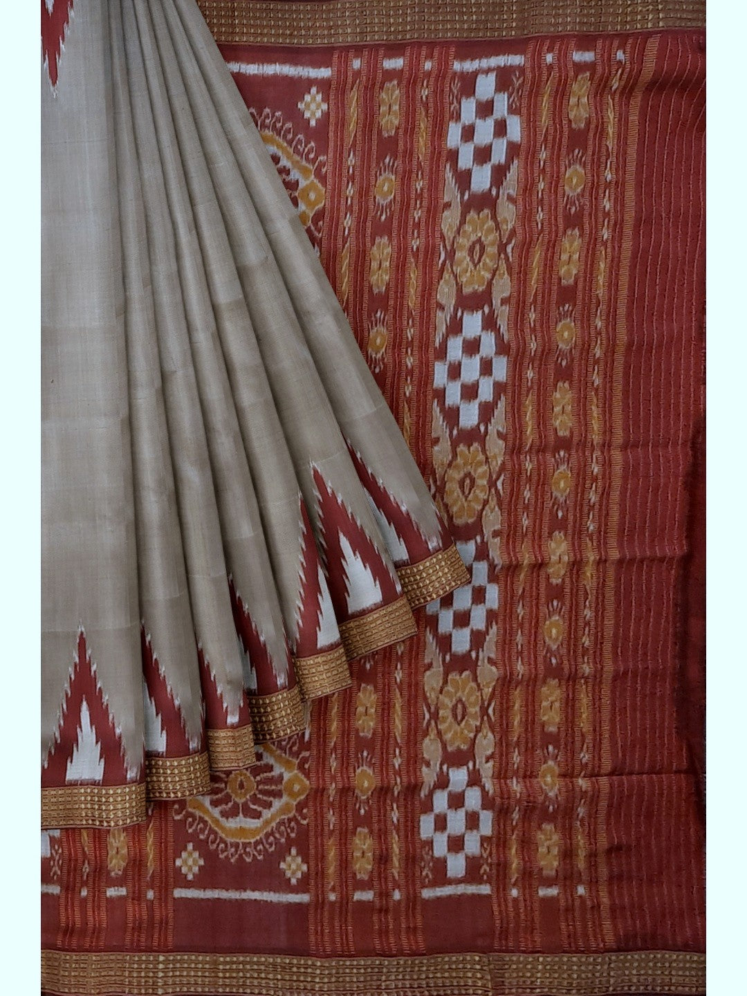 Grey with Maroon Odisha Khandua Pata Silk Saree with Silk blouse piece