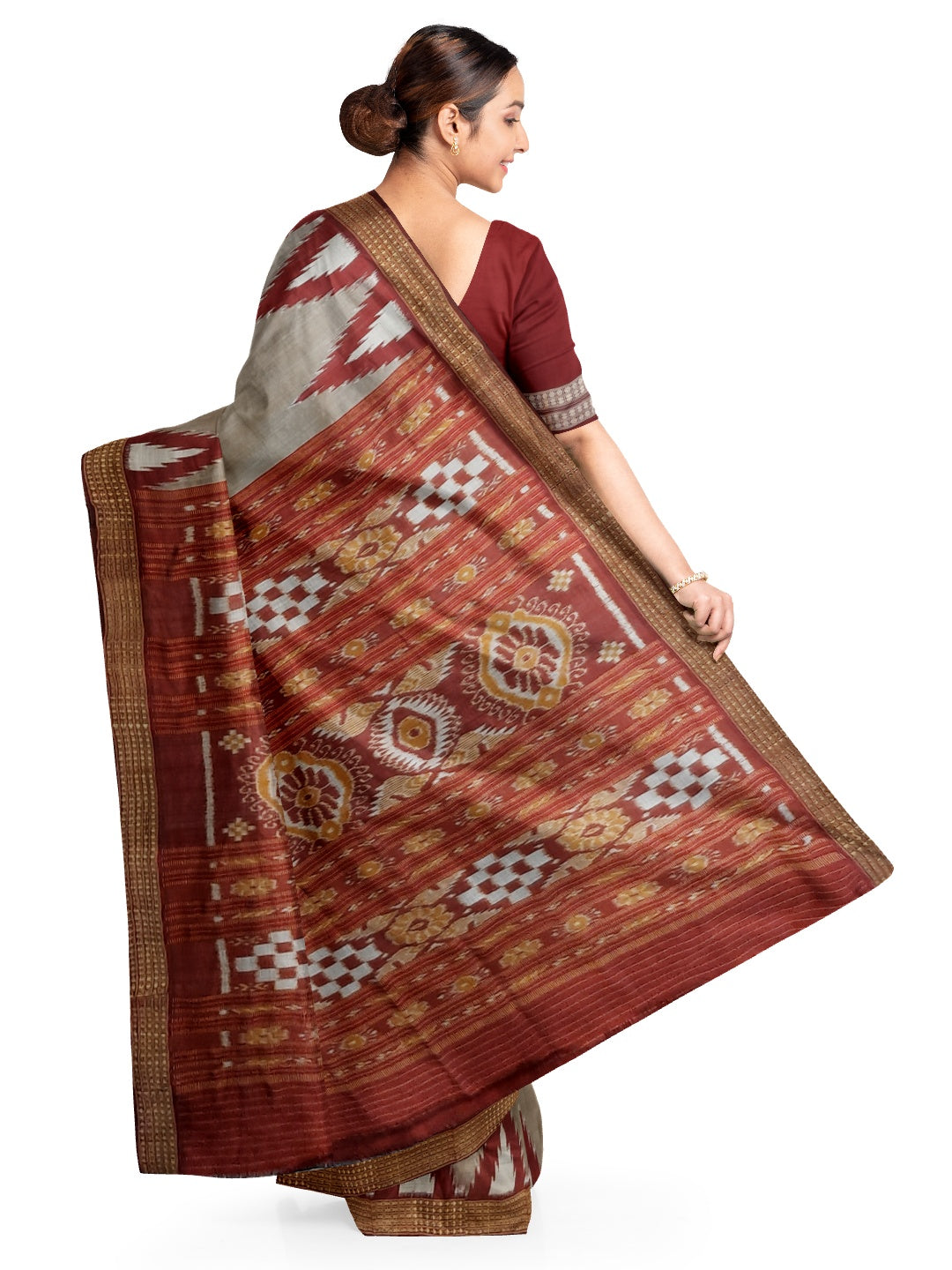 Grey with Maroon Odisha Khandua Pata Silk Saree with Silk blouse piece