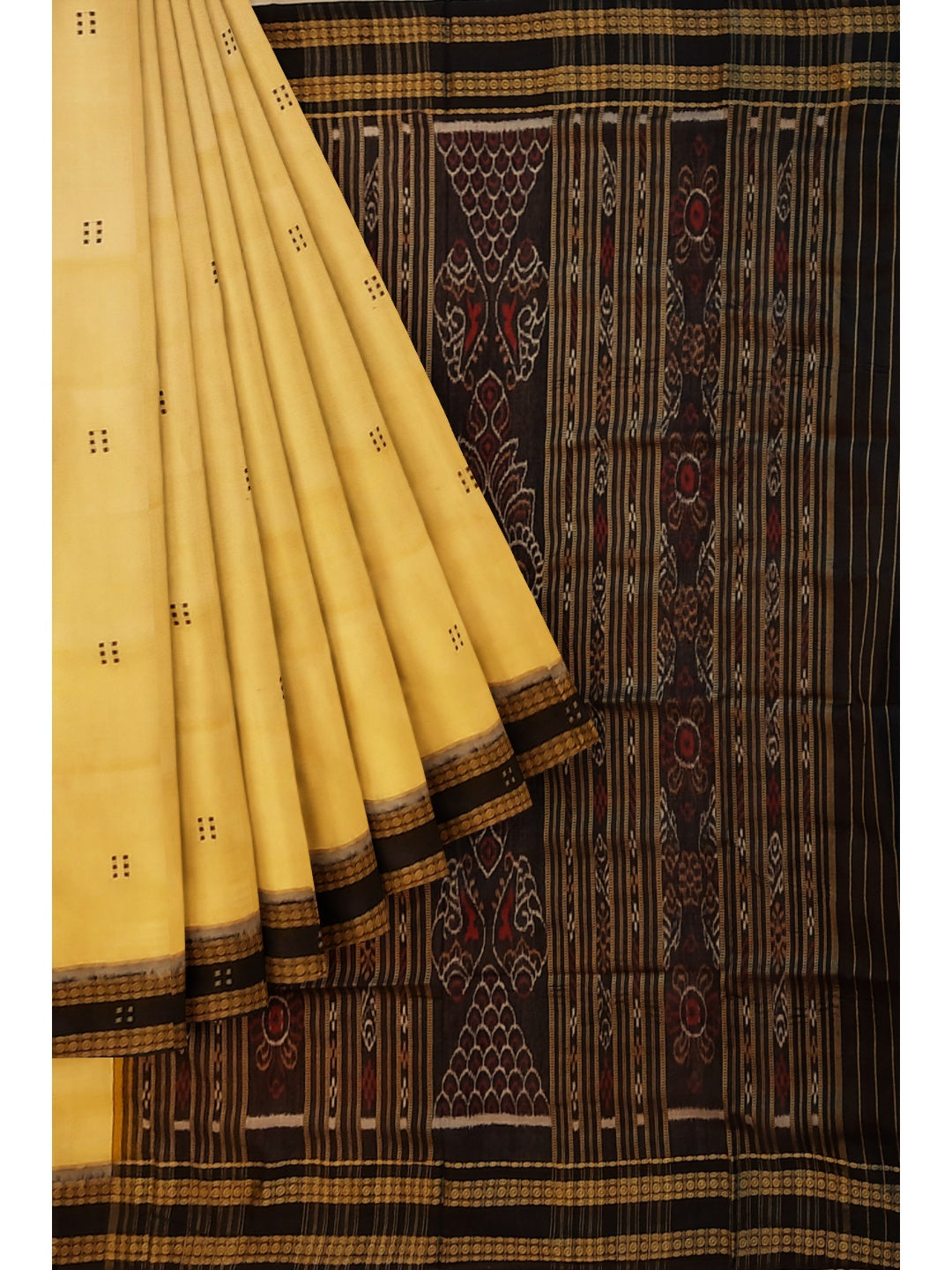 Butter Colour Odisha Khandua Pata Silk Saree with Silk blouse piece