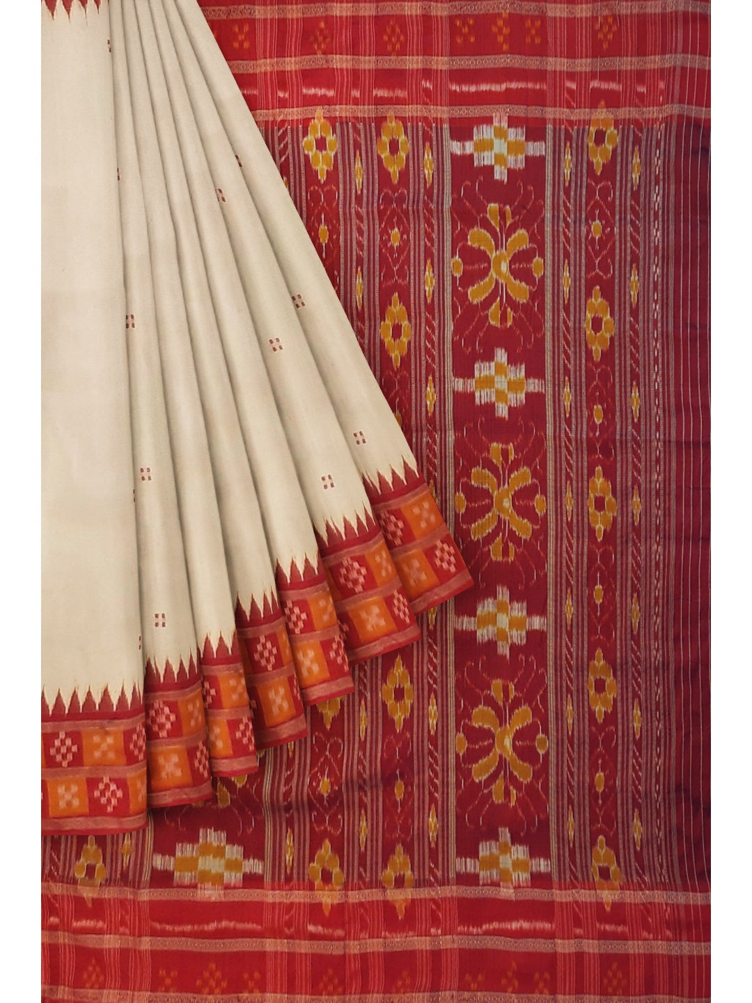 White Double Border Odisha Khandua Pata Silk Saree with cotton ikat blouse piece