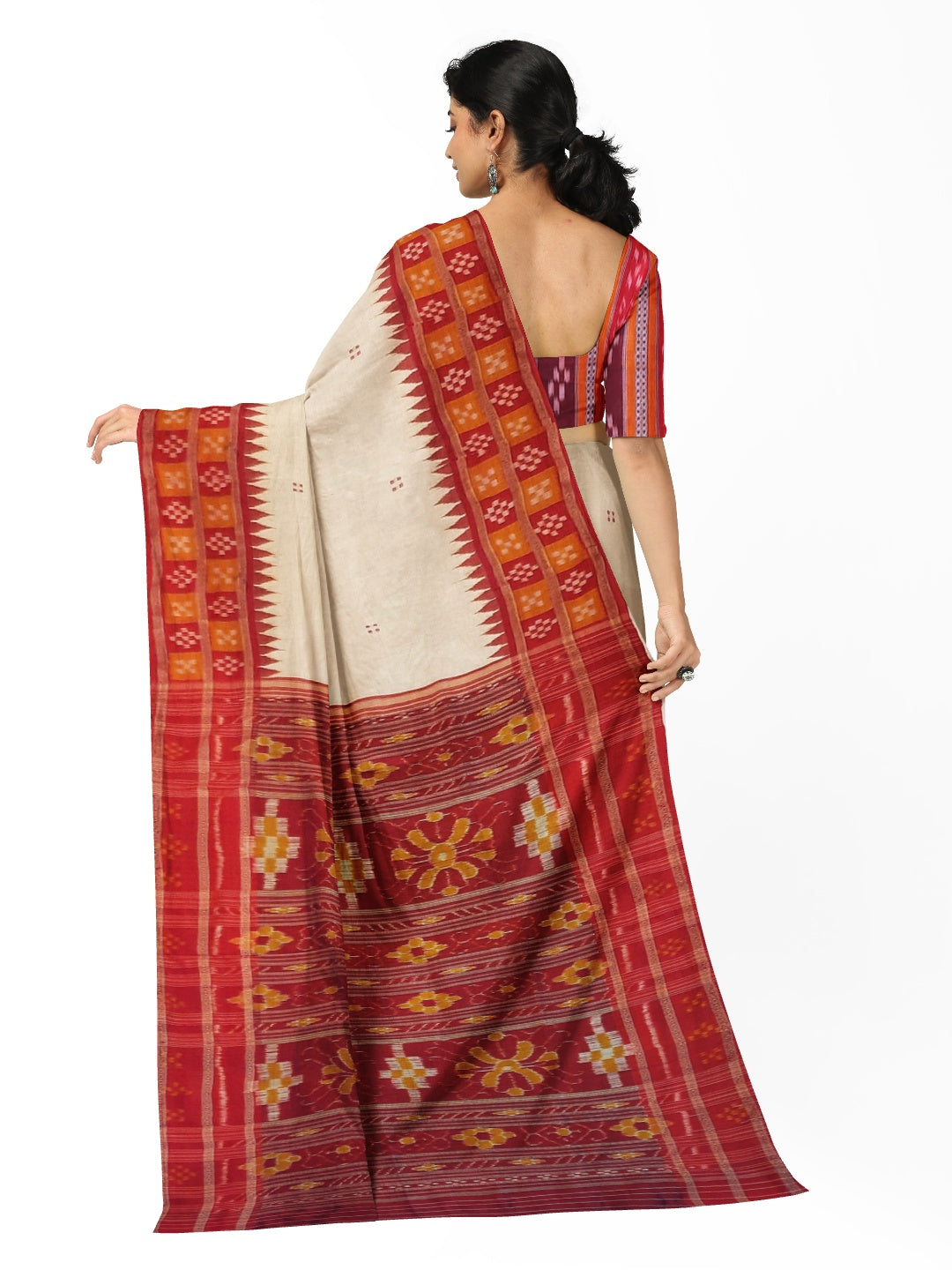 White Double Border Odisha Khandua Pata Silk Saree with cotton ikat blouse piece