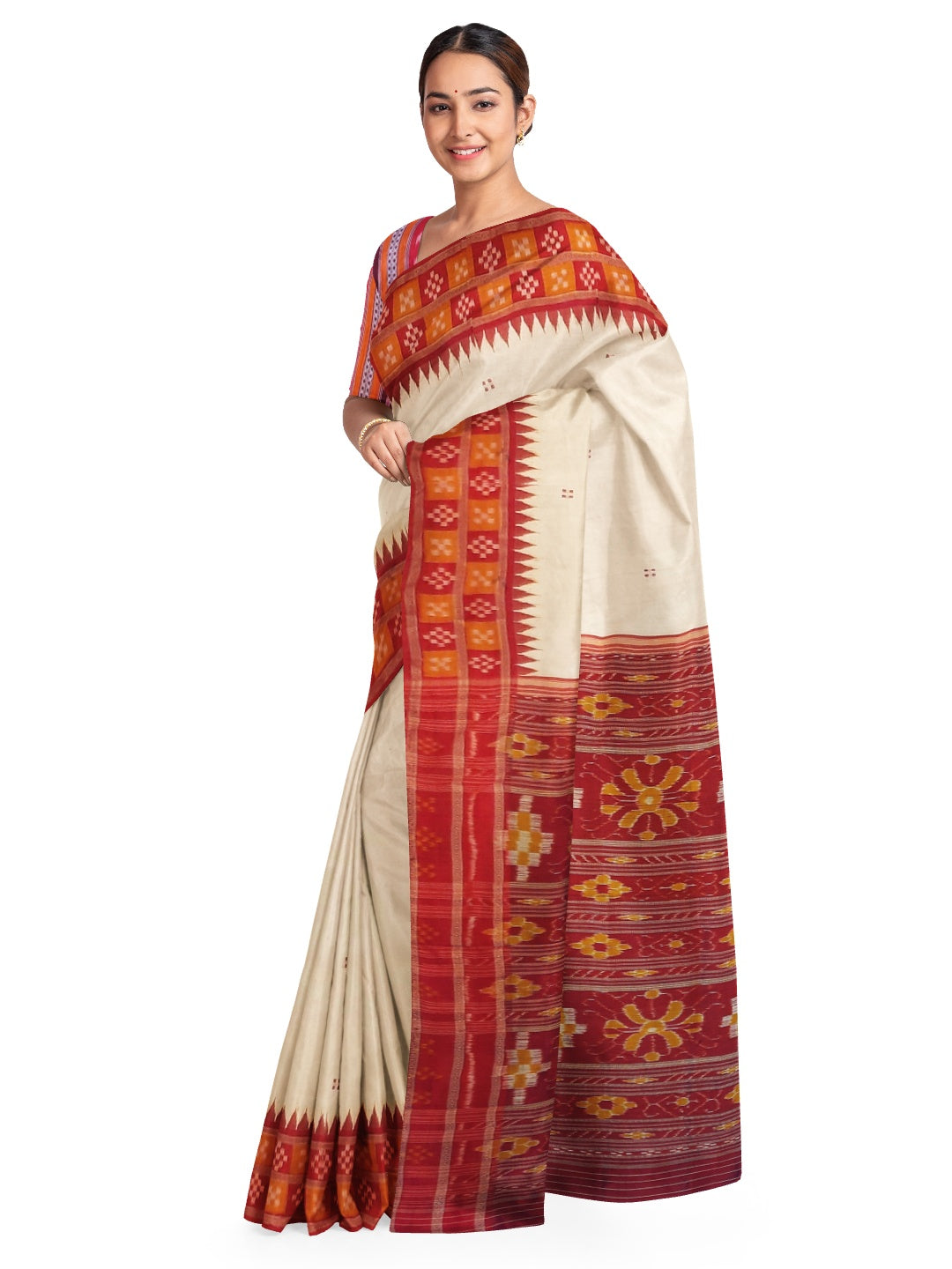 White Double Border Odisha Khandua Pata Silk Saree with cotton ikat blouse piece