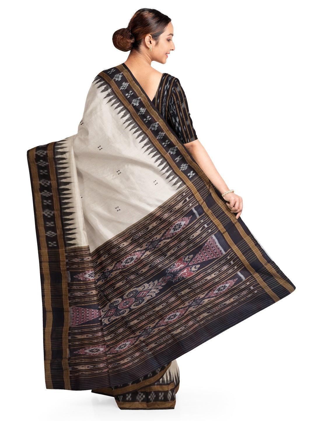 White Black Odisha Khandua Pata Silk Saree with cotton ikat blouse piece
