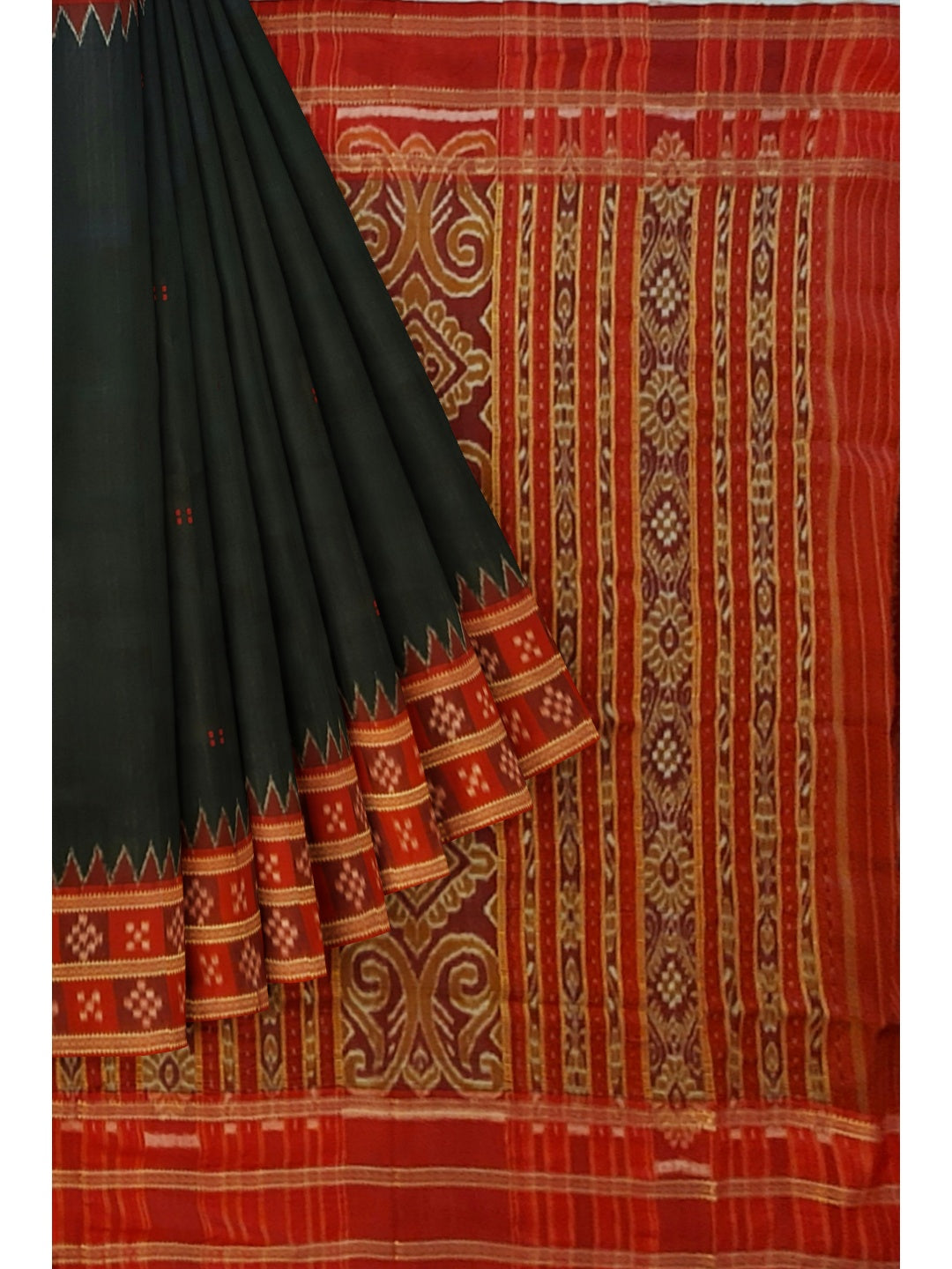 Black Red Double Border Odisha Khandua Pata Silk Saree with cotton ikat blouse piece