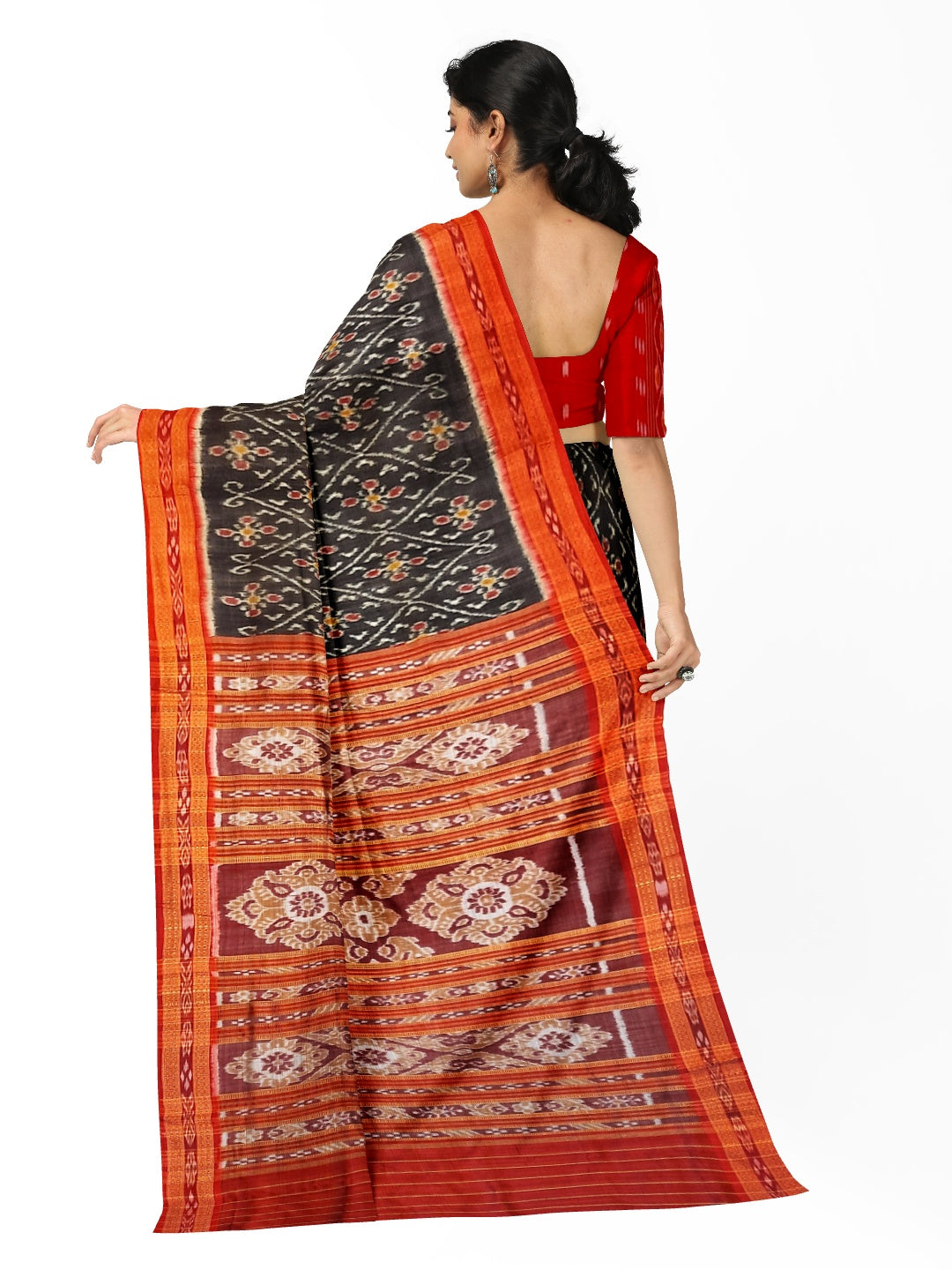Black with Red Border Odisha Khandua Pata Silk Saree with cotton ikat blouse piece