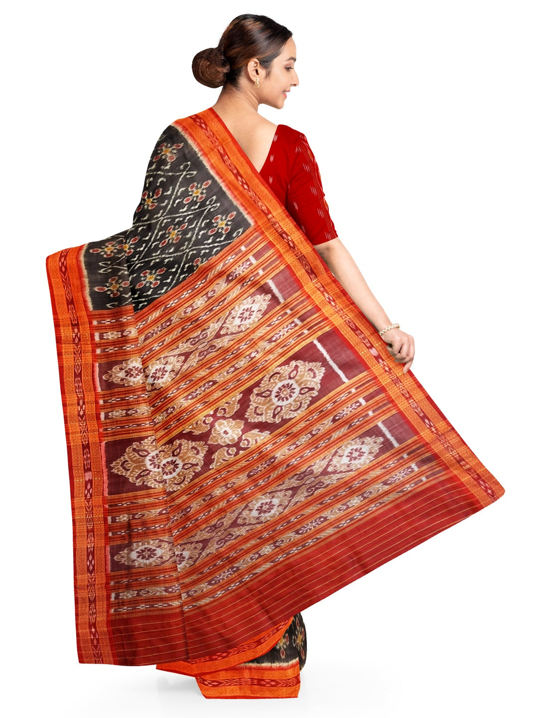 Black with Red Border Odisha Khandua Pata Silk Saree with cotton ikat blouse piece
