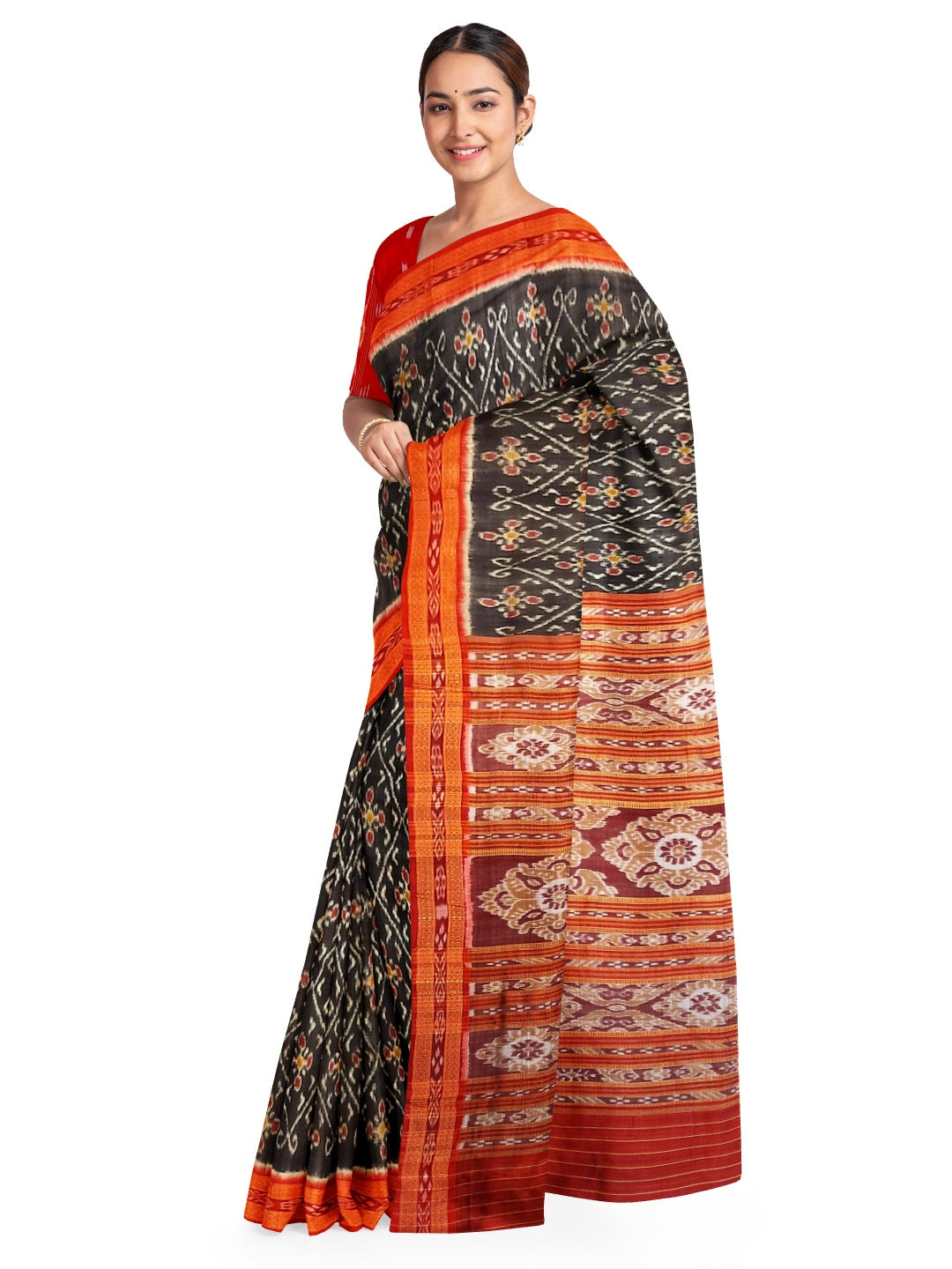 Black with Red Border Odisha Khandua Pata Silk Saree with cotton ikat blouse piece