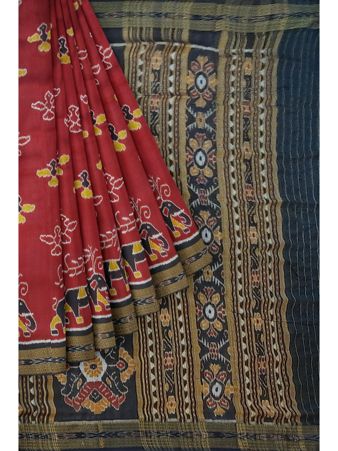 Maroon Odisha Khandua Pata Silk Saree with cotton ikat blouse piece