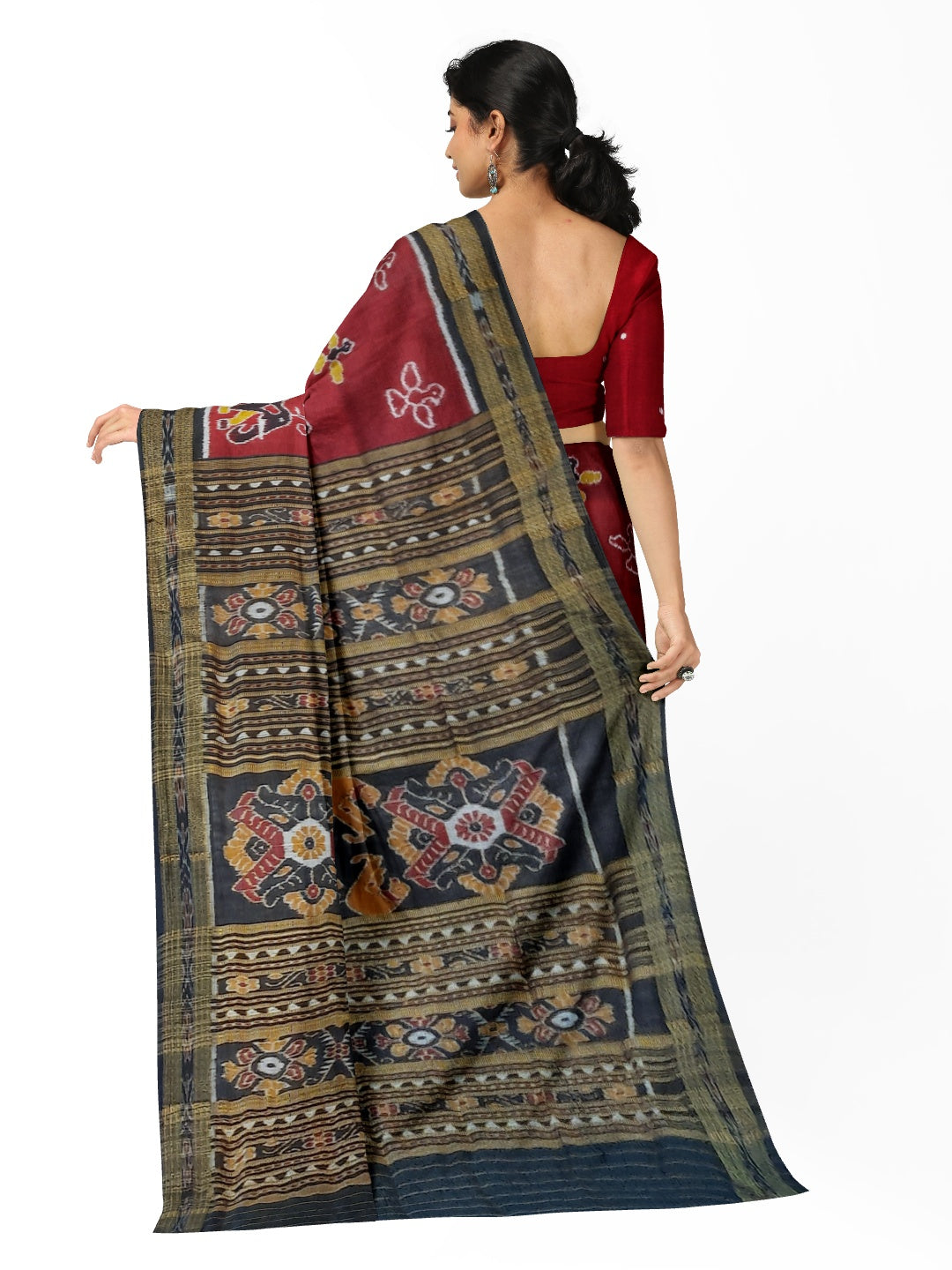 Maroon Odisha Khandua Pata Silk Saree with cotton ikat blouse piece