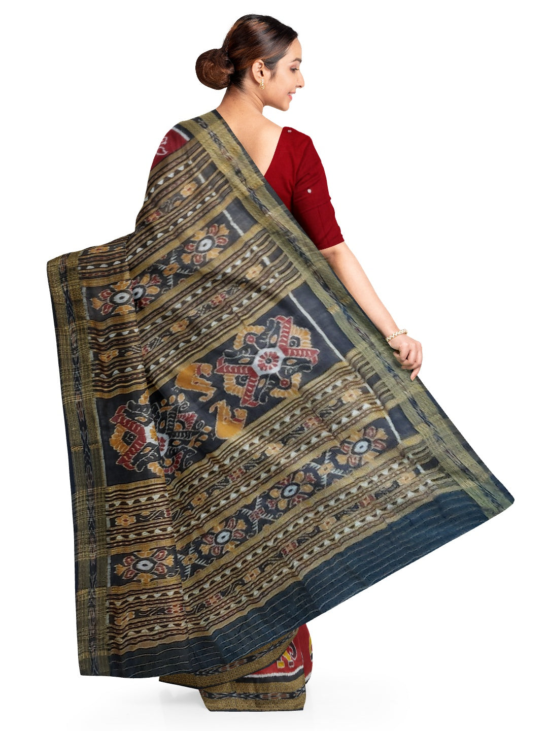 Maroon Odisha Khandua Pata Silk Saree with cotton ikat blouse piece