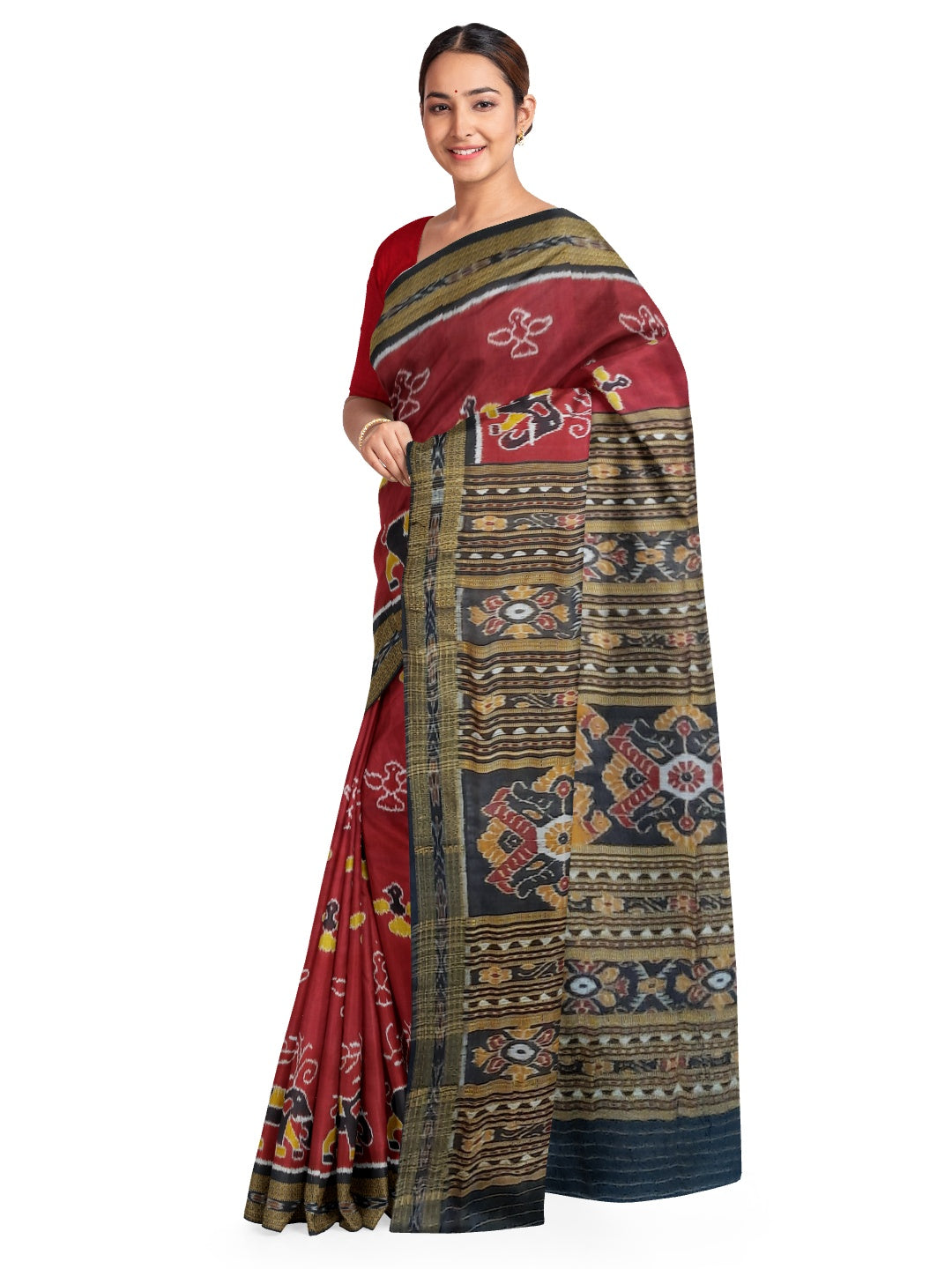 Maroon Odisha Khandua Pata Silk Saree with cotton ikat blouse piece