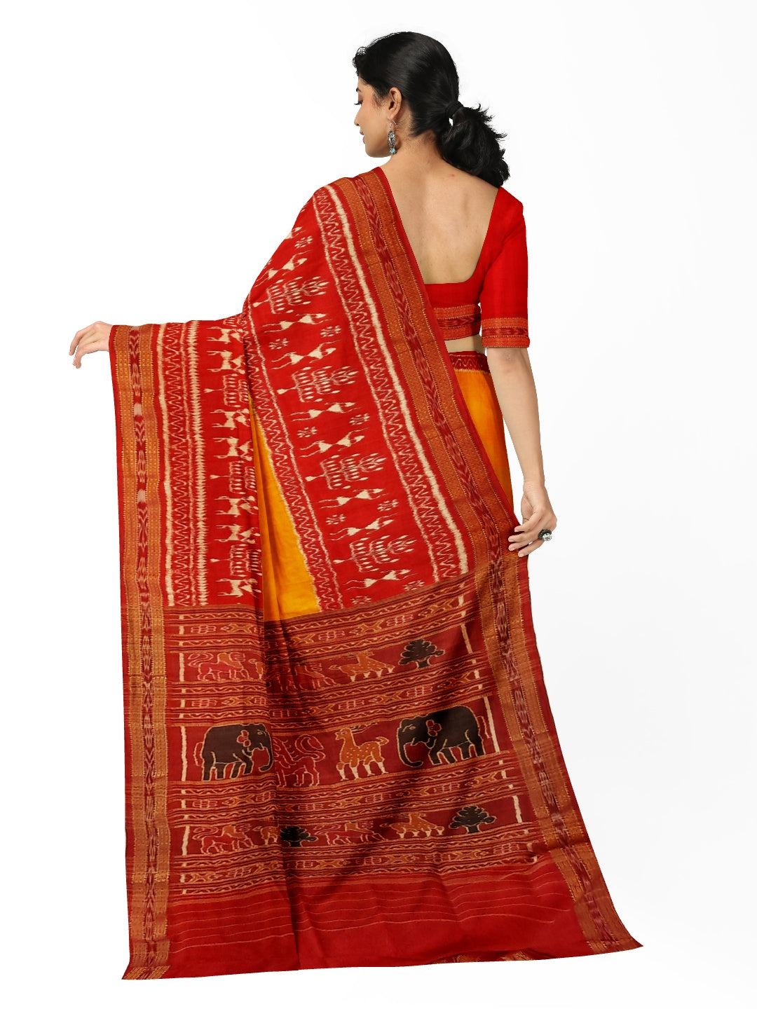 Yellow Red Odisha Khandua Pata Silk Saree with running blouse piece