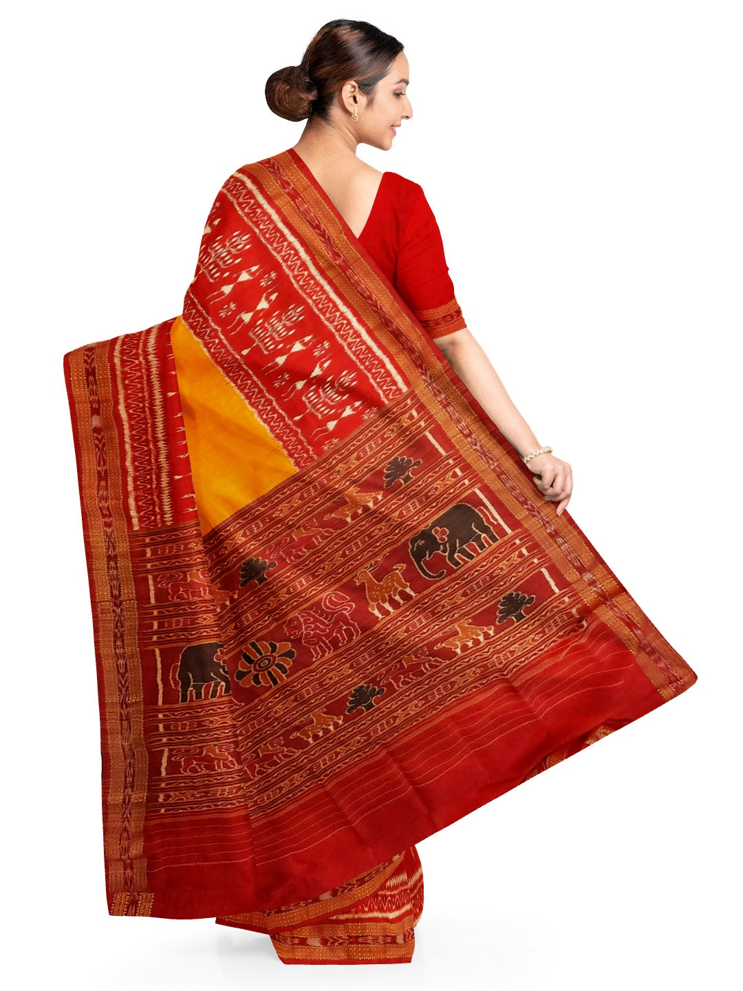 Yellow Red Odisha Khandua Pata Silk Saree with running blouse piece
