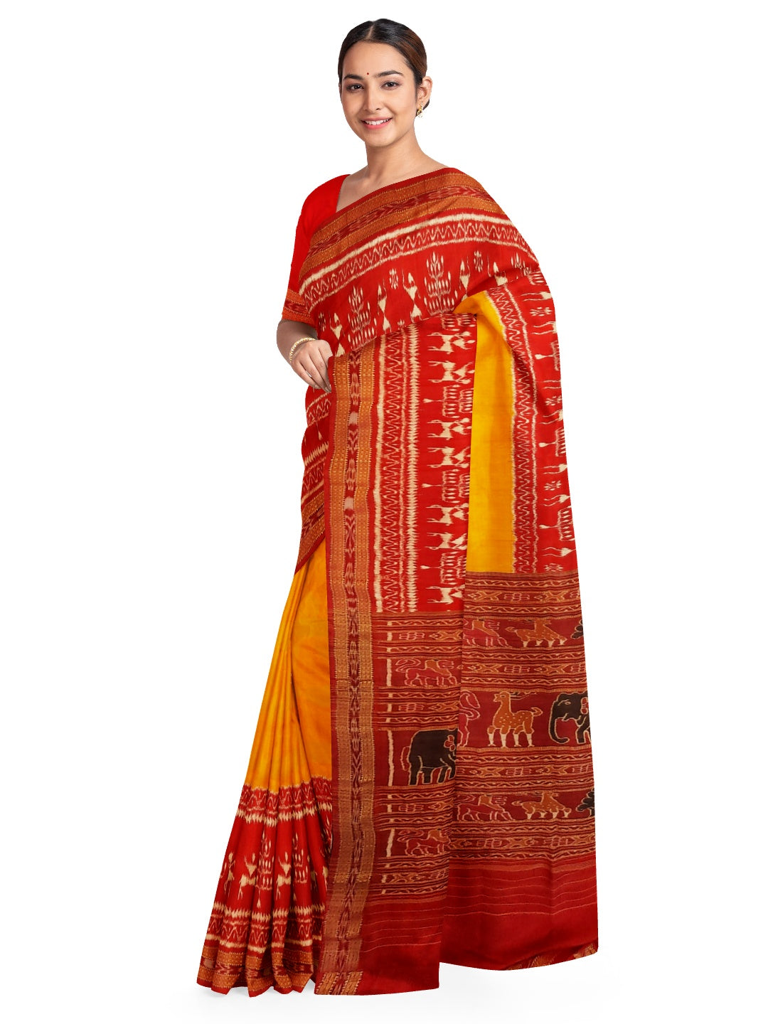 Yellow Red Odisha Khandua Pata Silk Saree with running blouse piece