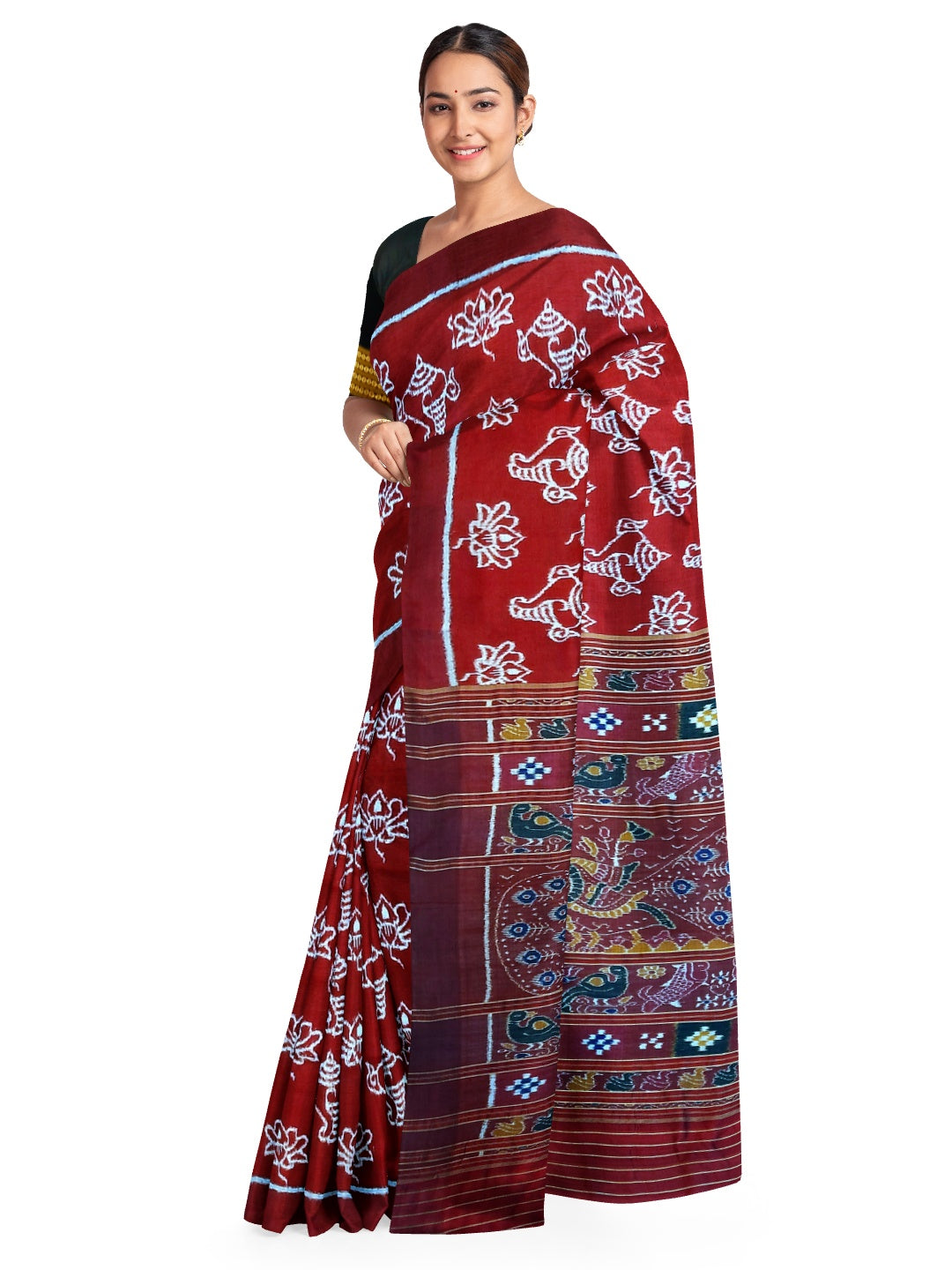 Maroon Odisha Khandua Pata Silk Saree with Silk Blouse piece