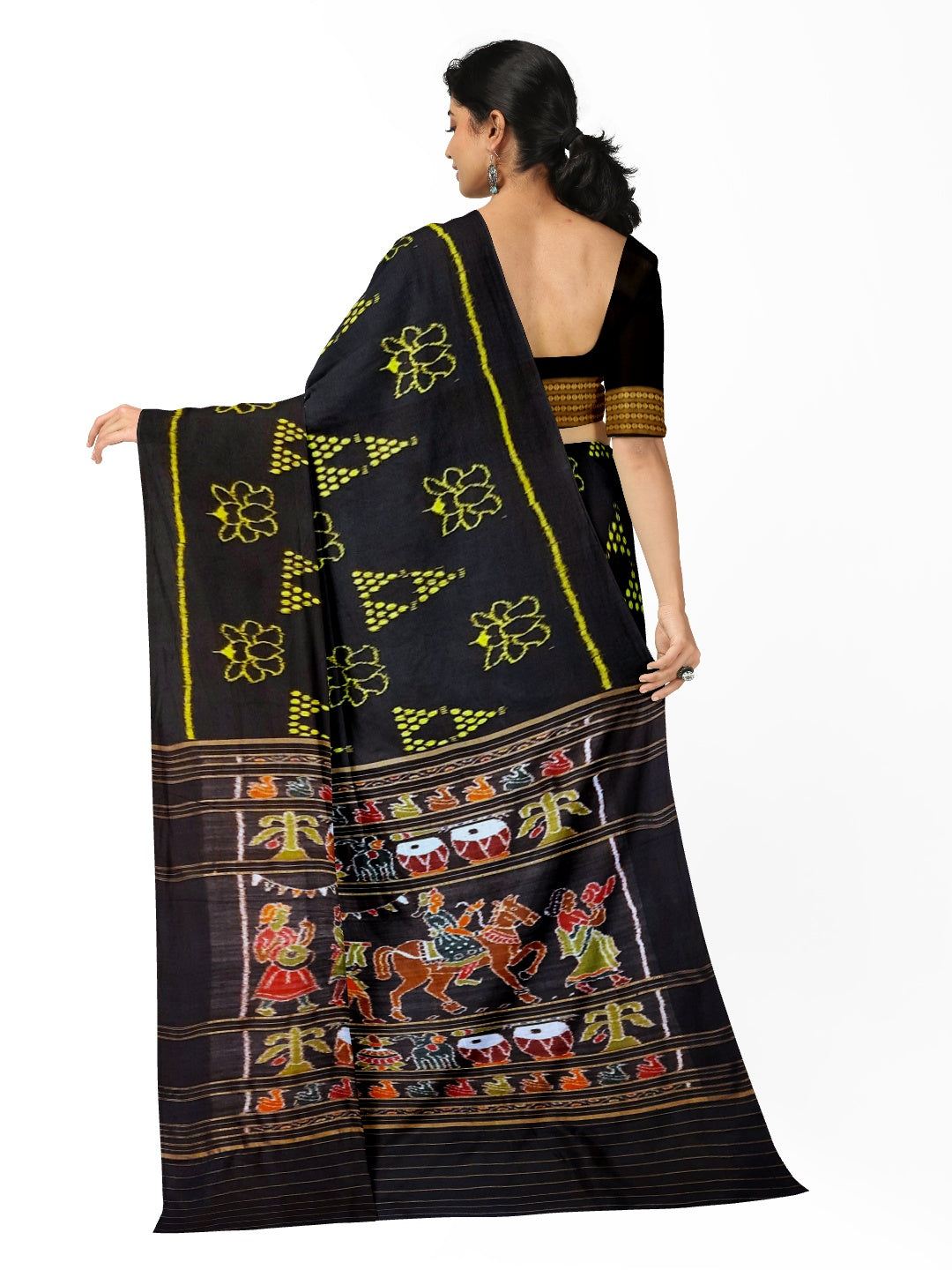 Black Odisha Khandua Pata Silk Saree with Silk Blouse piece