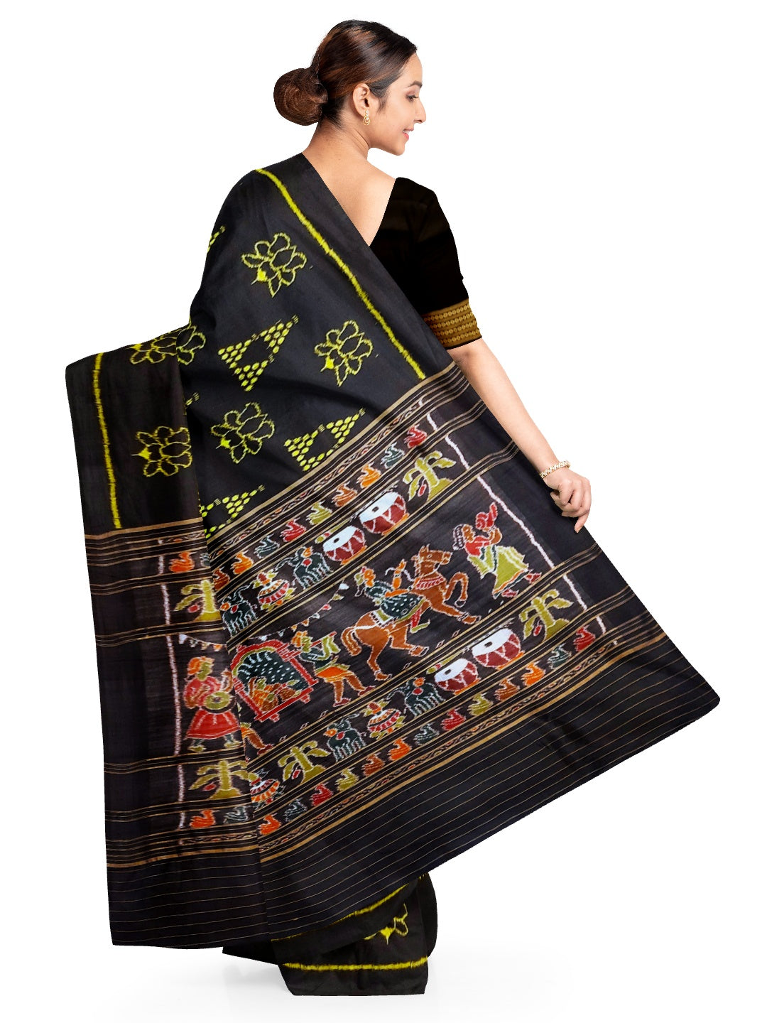Black Odisha Khandua Pata Silk Saree with Silk Blouse piece