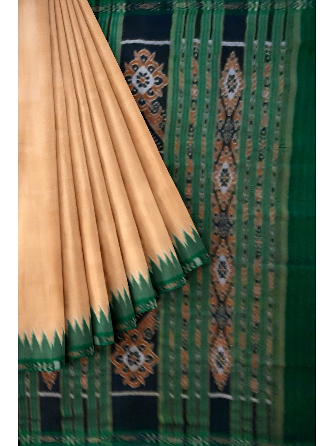 Beige and Green Odisha Khandua Silk Saree with beautiful Ikat border design