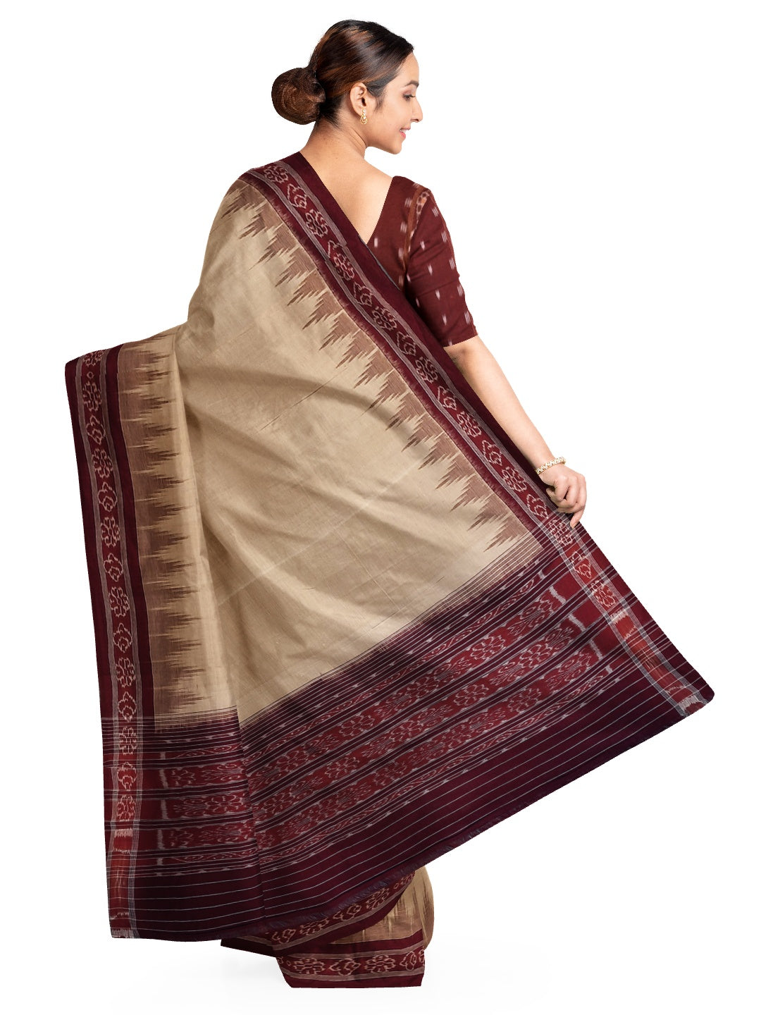 Beige and Maroon Cotton Odisha Ikat saree  with mix match cotton ikat blouse