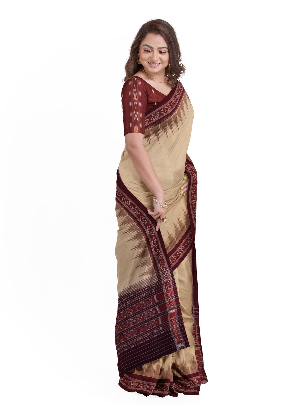 Beige and Maroon Cotton Odisha Ikat saree  with mix match cotton ikat blouse
