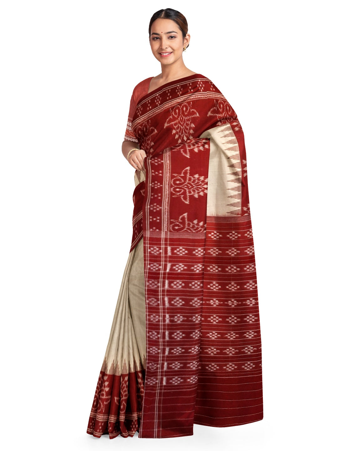Beige and Maroon wide border Cotton Odisha Ikat saree  with  cotton ikat blouse piece