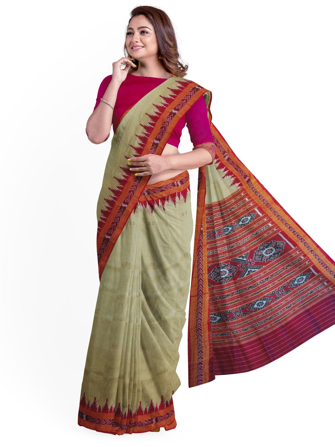 GreenishGrey with Pink Odisha Khandua Patta Silk Saree with running blouse piece