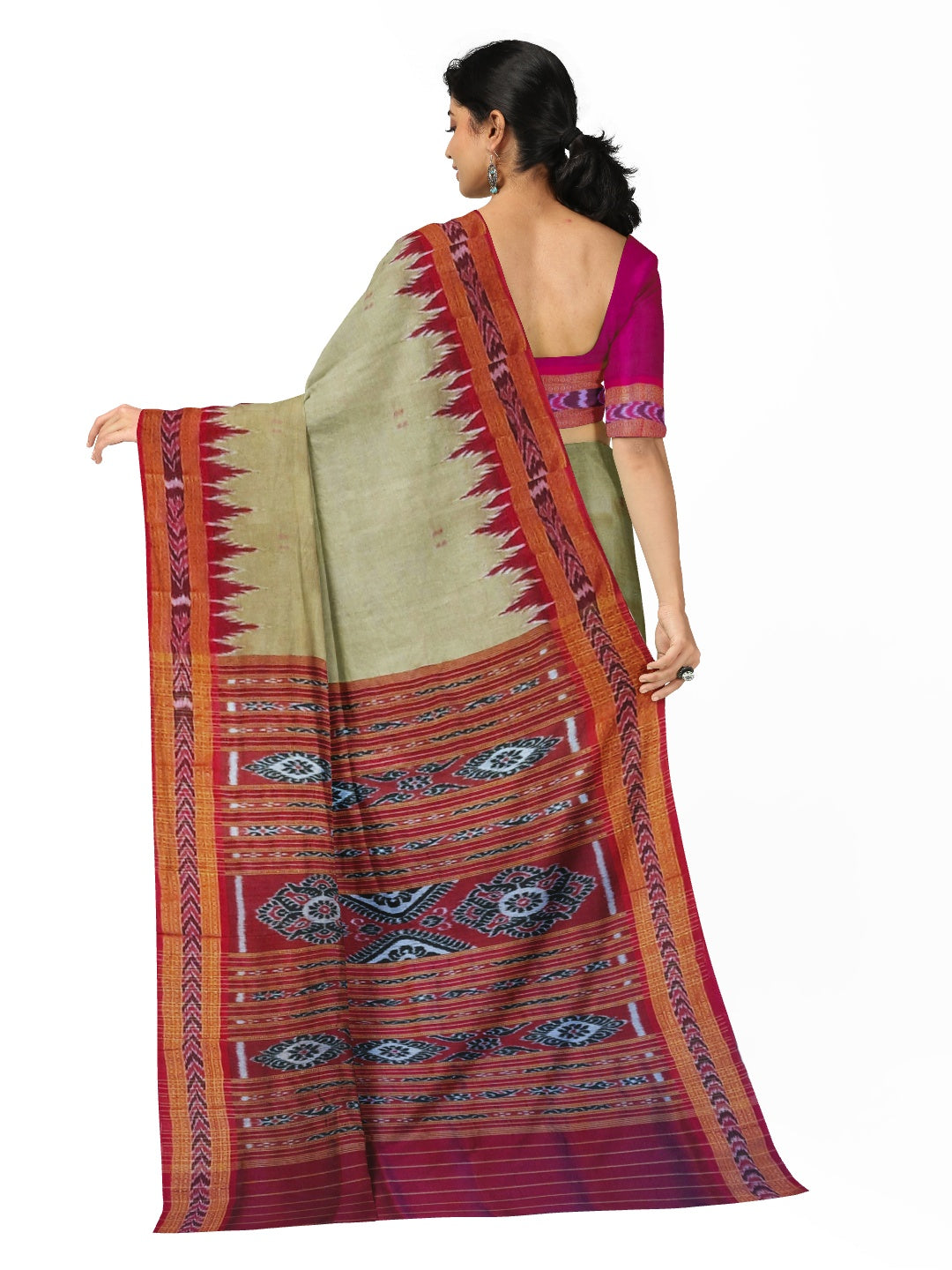 GreenishGrey with Pink Odisha Khandua Patta Silk Saree with running blouse piece