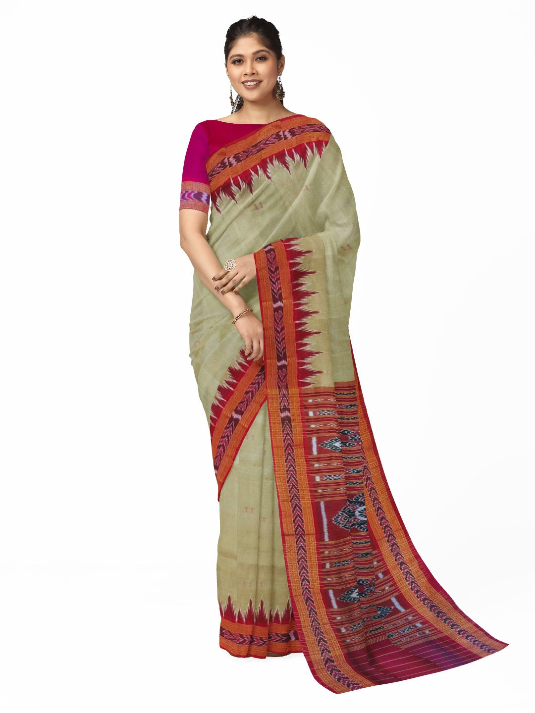 GreenishGrey with Pink Odisha Khandua Patta Silk Saree with running blouse piece