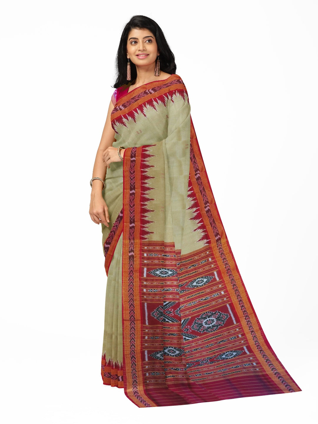 GreenishGrey with Pink Odisha Khandua Patta Silk Saree with running blouse piece