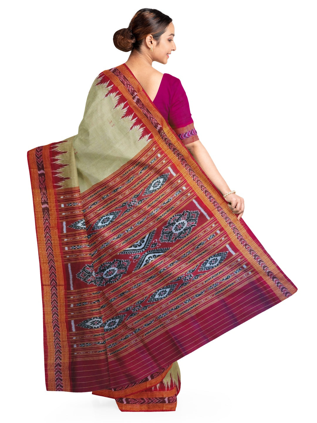 GreenishGrey with Pink Odisha Khandua Patta Silk Saree with running blouse piece