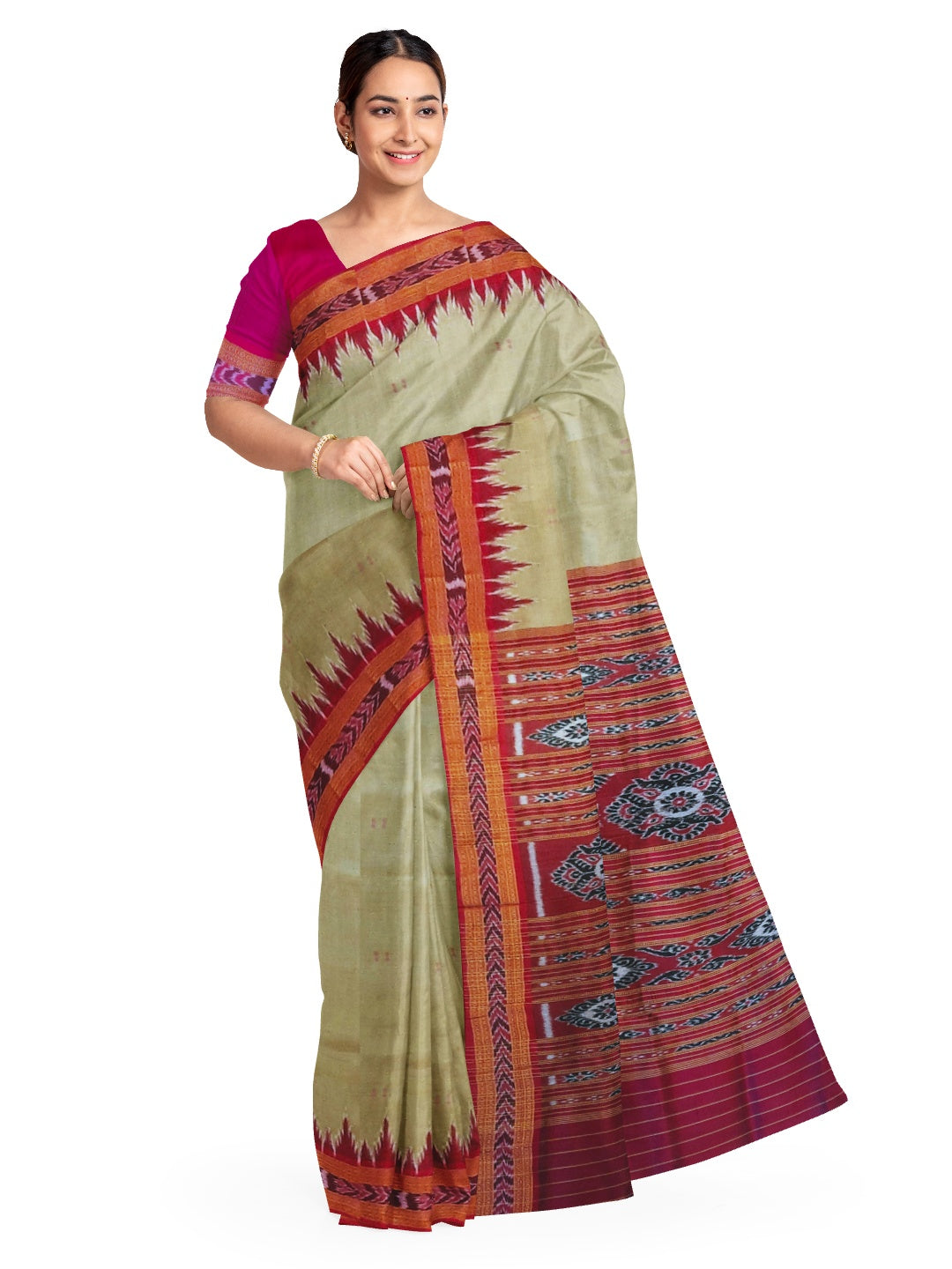GreenishGrey with Pink Odisha Khandua Patta Silk Saree with running blouse piece