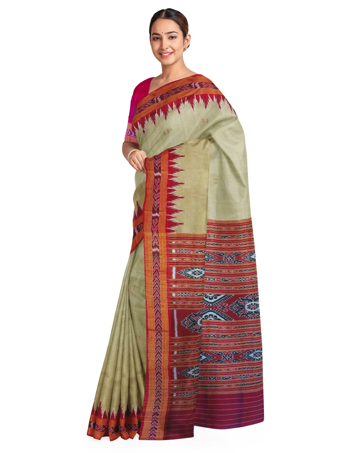 GreenishGrey with Pink Odisha Khandua Patta Silk Saree with running blouse piece