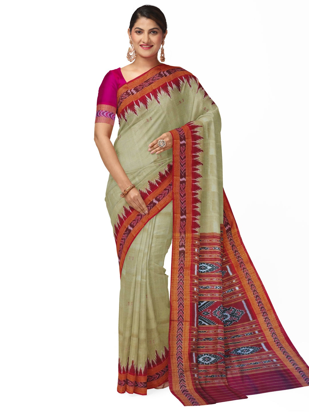GreenishGrey with Pink Odisha Khandua Patta Silk Saree with running blouse piece