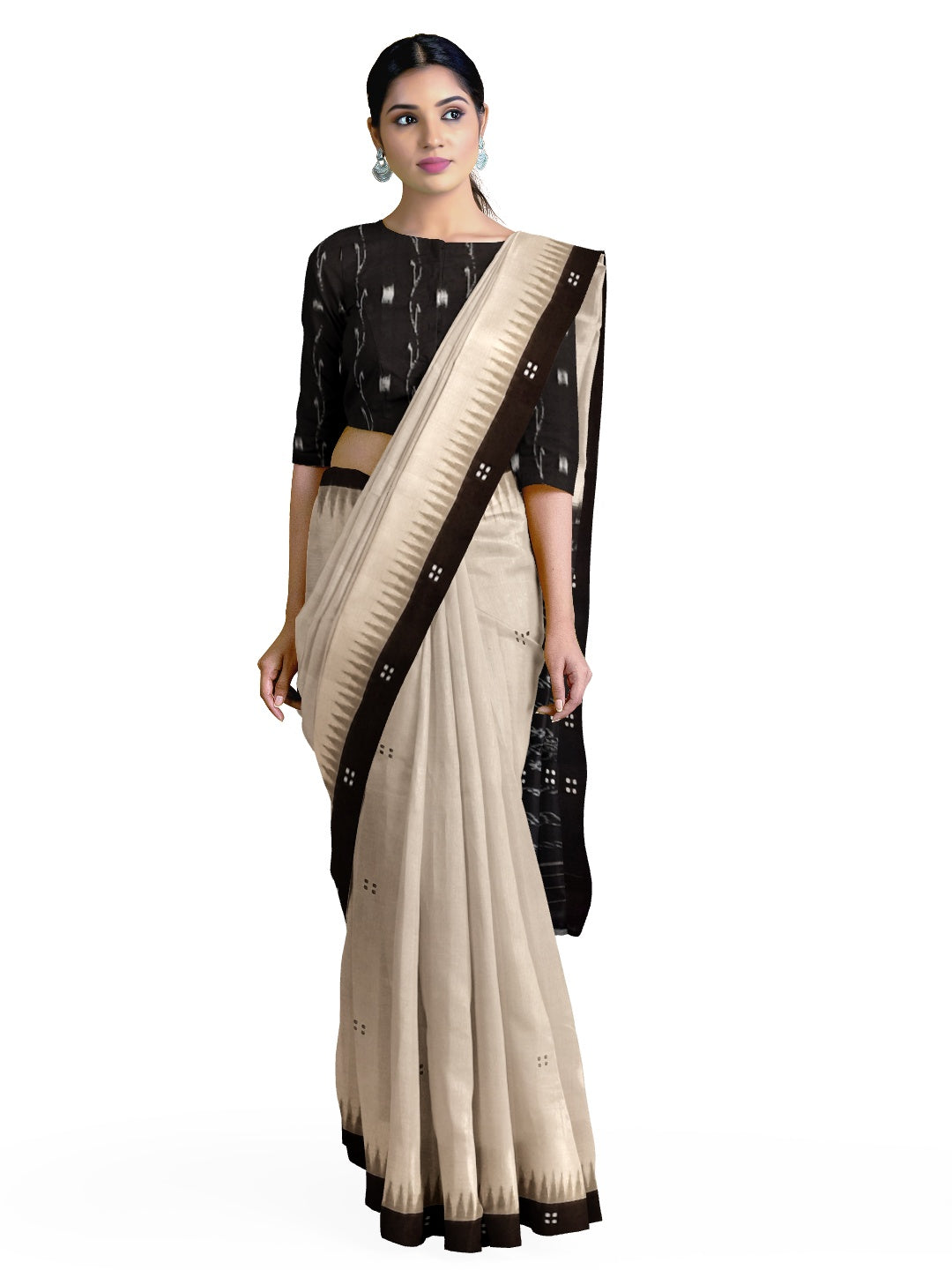 Beige and Black Cotton Odisha Ikat saree  with mix match cotton ikat blouse