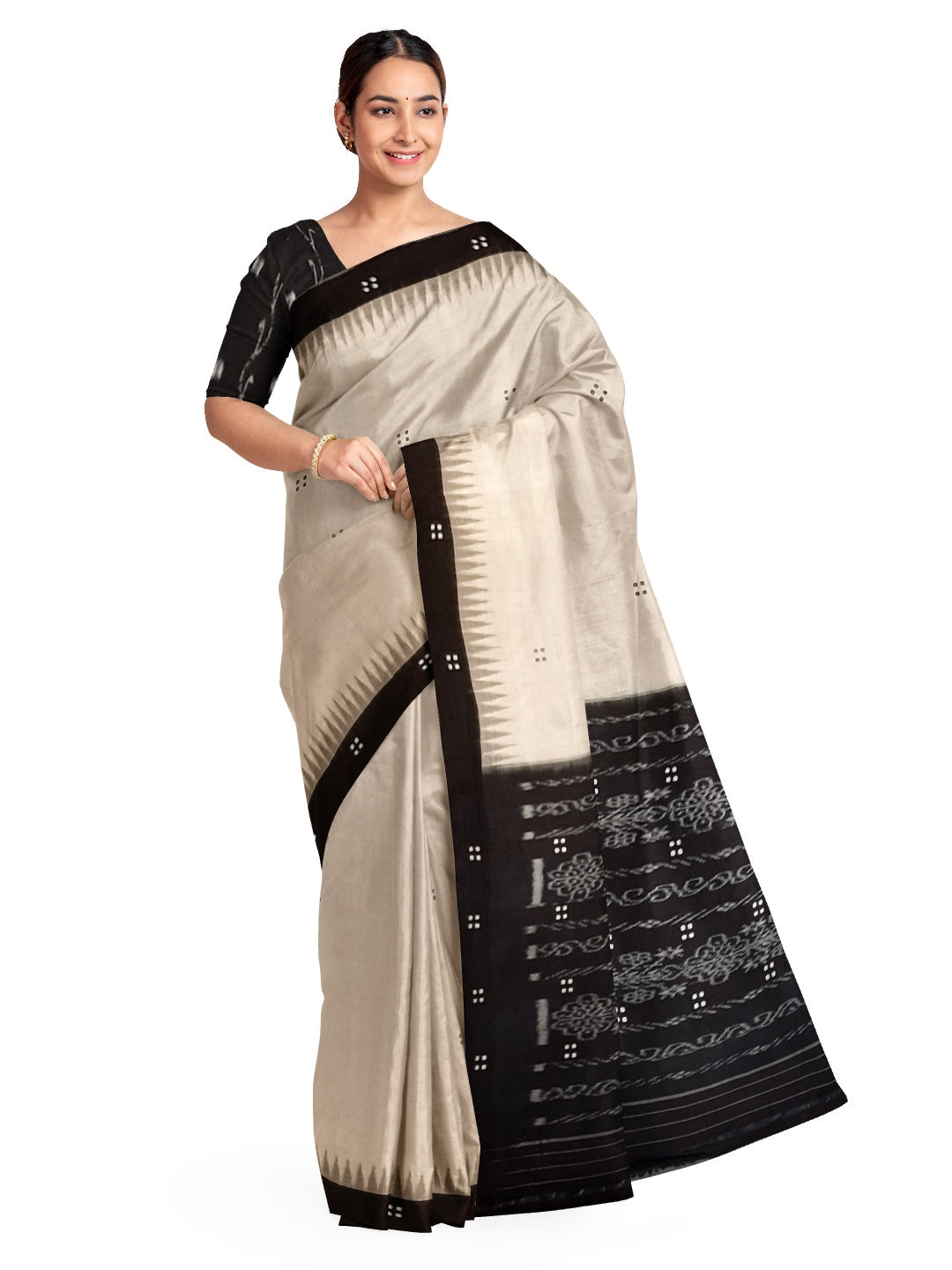 Beige and Black Cotton Odisha Ikat saree  with mix match cotton ikat blouse