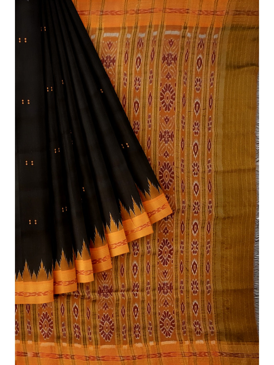 Black with Orange Odisha Khandua Patta Silk Saree paired with cotton ikat blouse piece