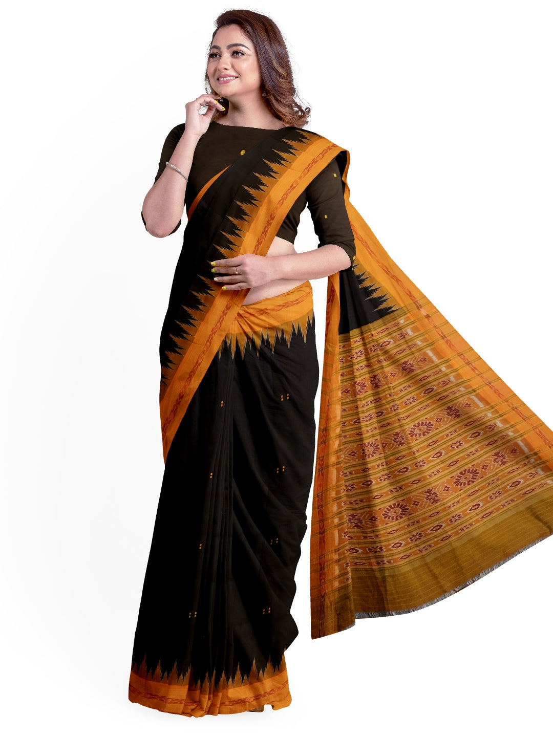 Black with Orange Odisha Khandua Patta Silk Saree paired with cotton ikat blouse piece