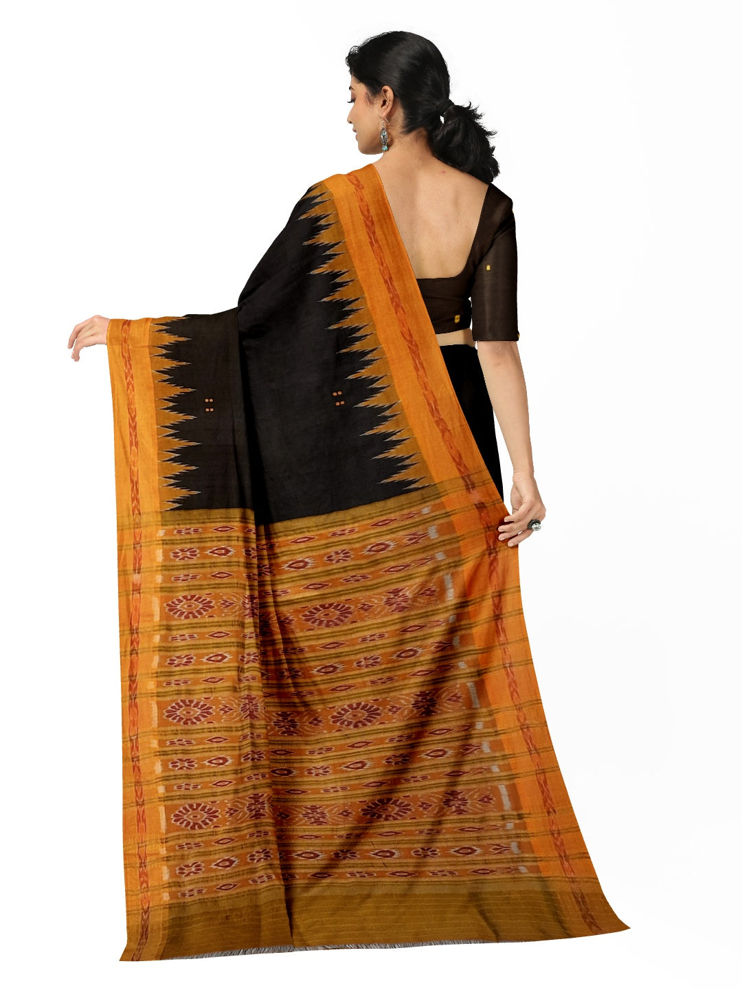 Black with Orange Odisha Khandua Patta Silk Saree paired with cotton ikat blouse piece