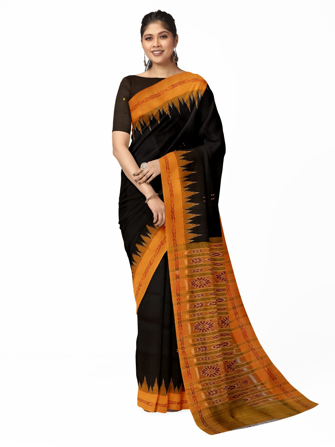 Black with Orange Odisha Khandua Patta Silk Saree paired with cotton ikat blouse piece