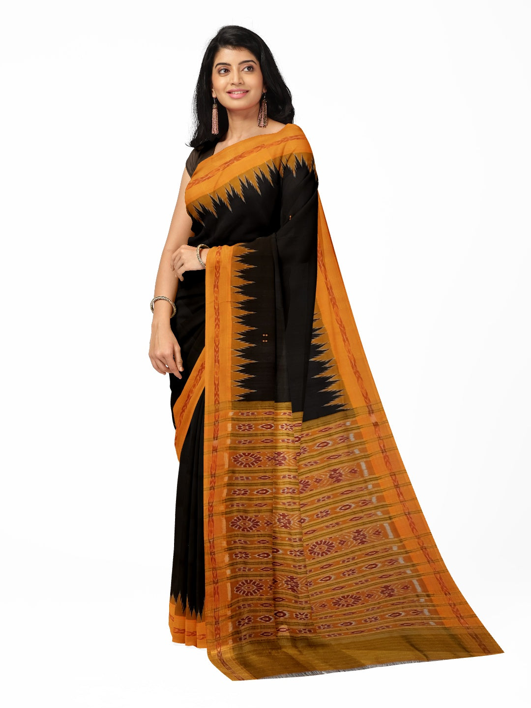 Black with Orange Odisha Khandua Patta Silk Saree paired with cotton ikat blouse piece