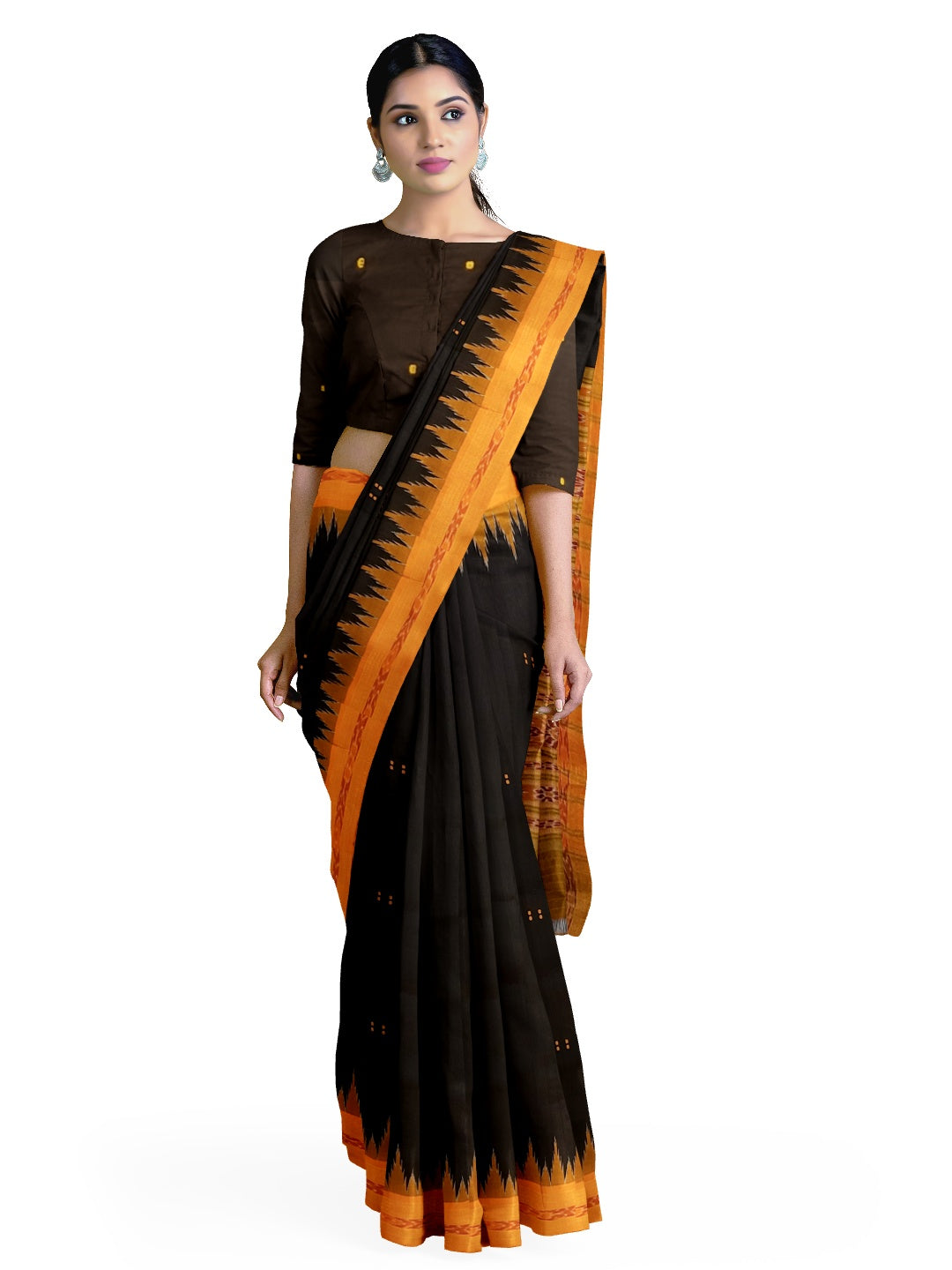 Black with Orange Odisha Khandua Patta Silk Saree paired with cotton ikat blouse piece
