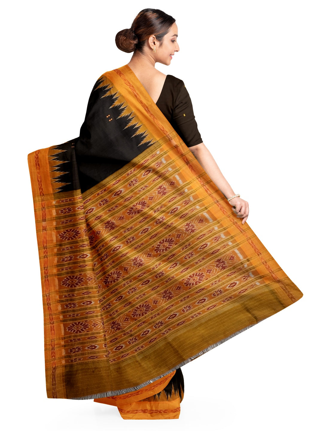 Black with Orange Odisha Khandua Patta Silk Saree paired with cotton ikat blouse piece