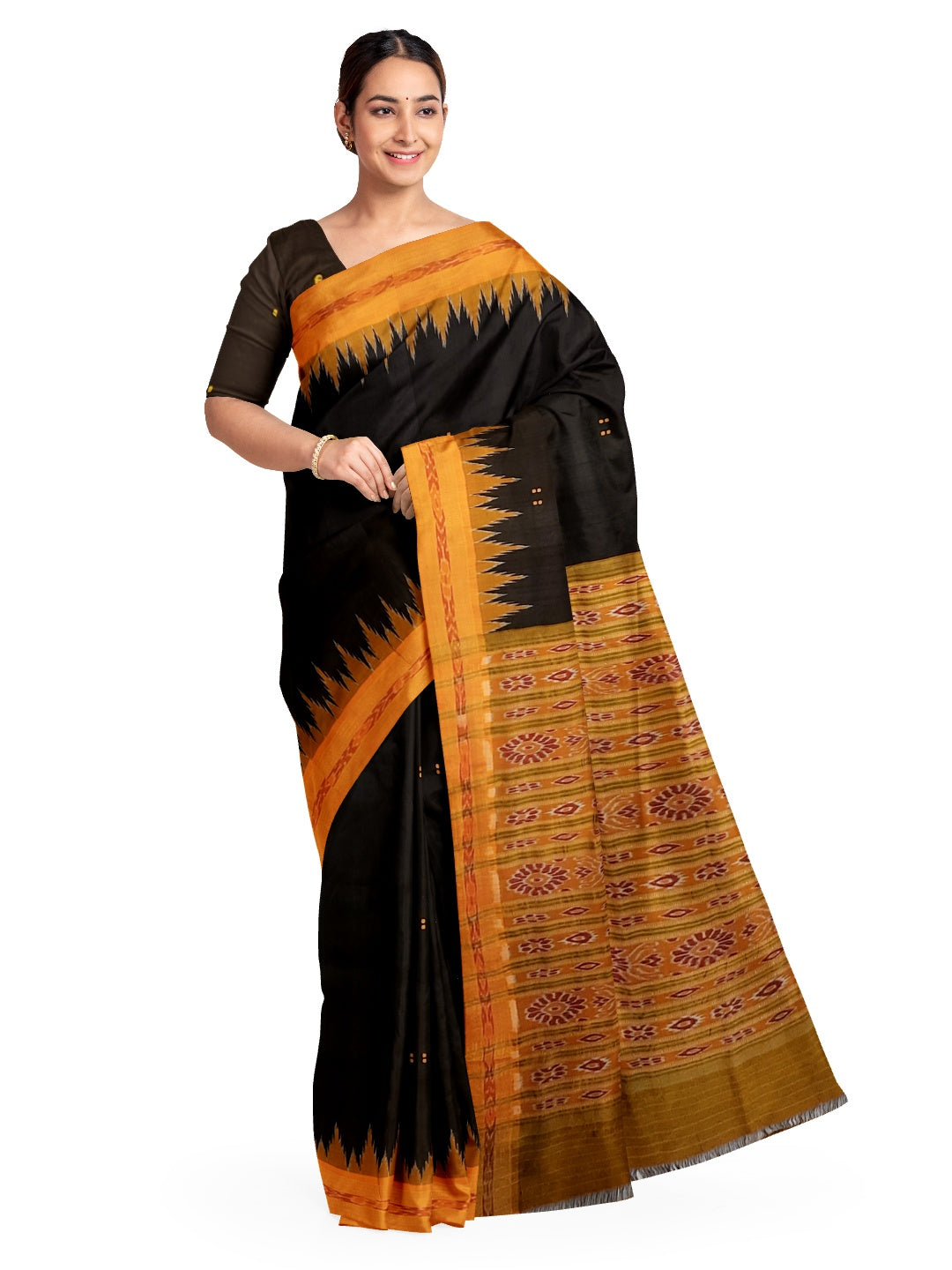 Black with Orange Odisha Khandua Patta Silk Saree paired with cotton ikat blouse piece