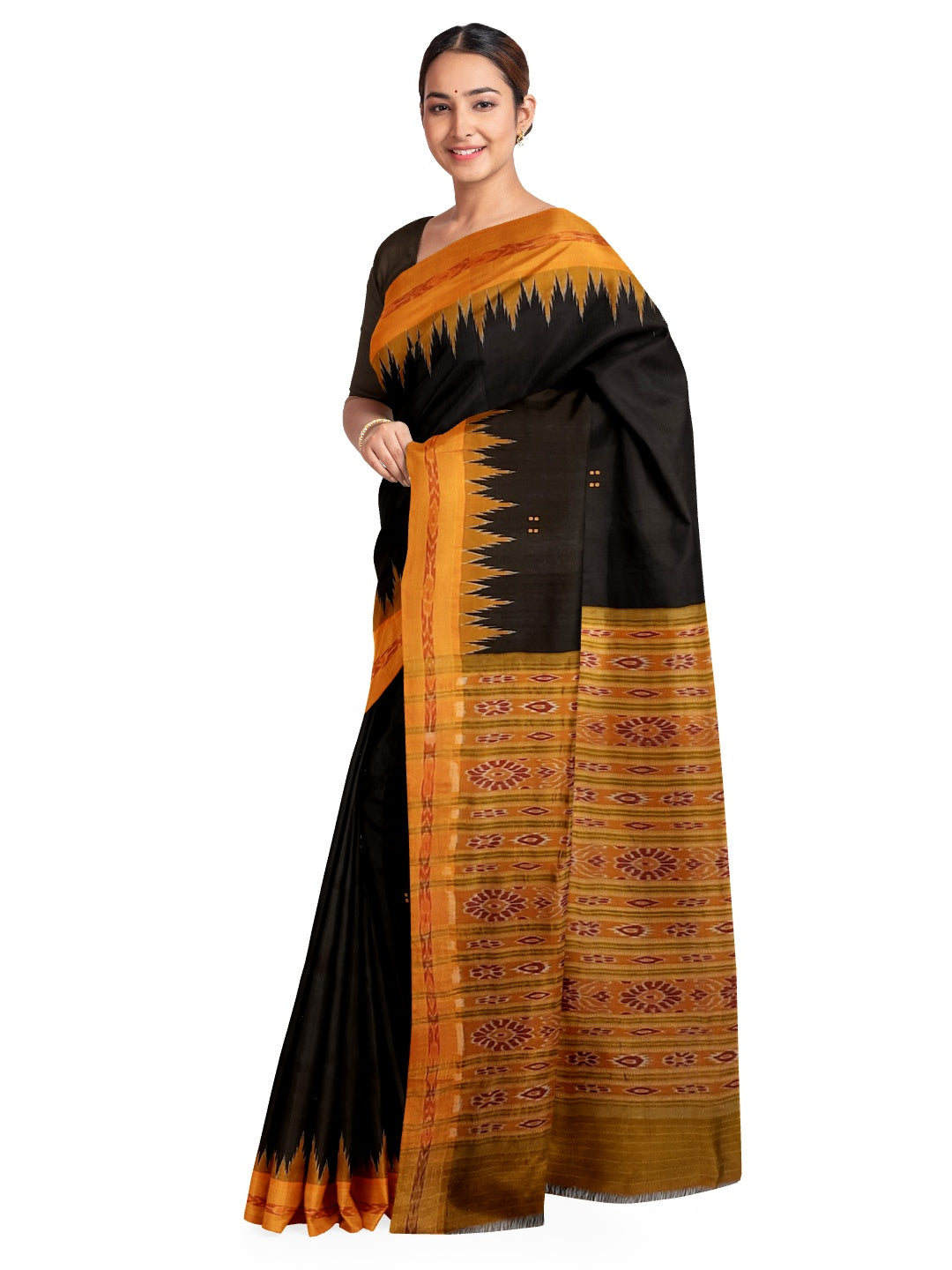 Black with Orange Odisha Khandua Patta Silk Saree paired with cotton ikat blouse piece