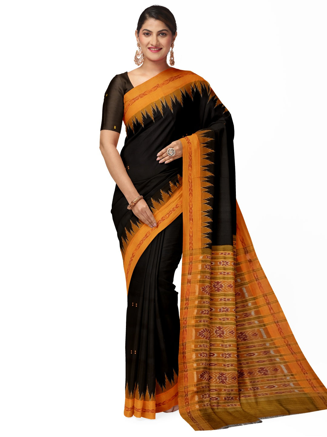 Black with Orange Odisha Khandua Patta Silk Saree paired with cotton ikat blouse piece