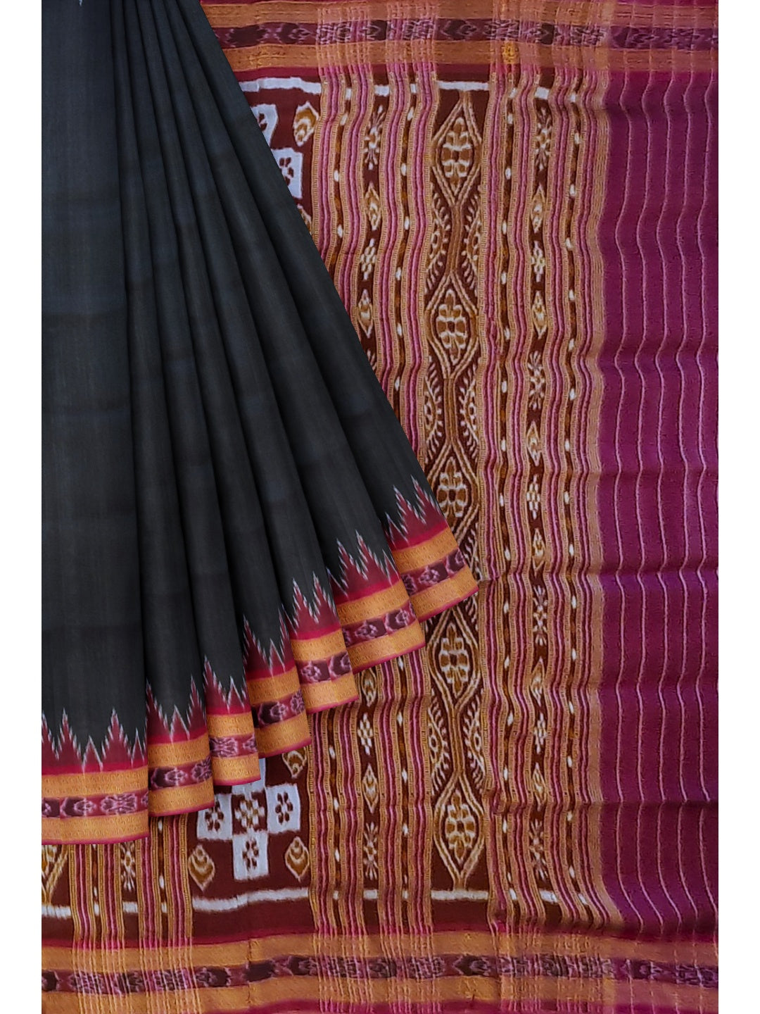 Black with Pink Odisha Khandua Patta Silk Saree with running blouse piece