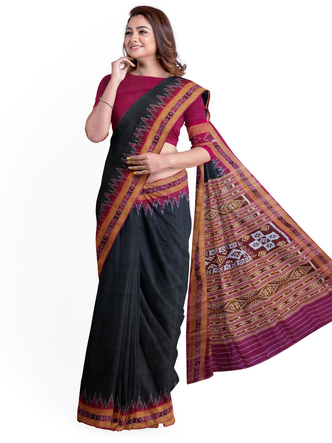 Black with Pink Odisha Khandua Patta Silk Saree with running blouse piece