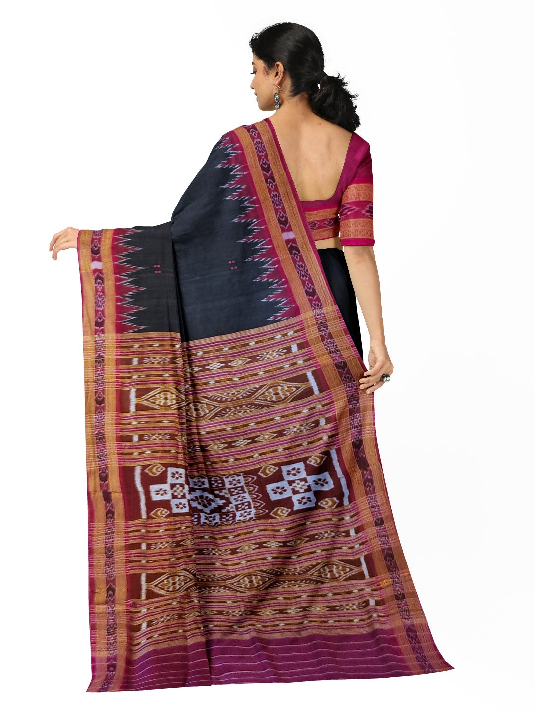 Black with Pink Odisha Khandua Patta Silk Saree with running blouse piece