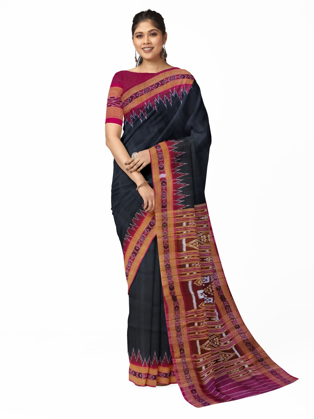 Black with Pink Odisha Khandua Patta Silk Saree with running blouse piece